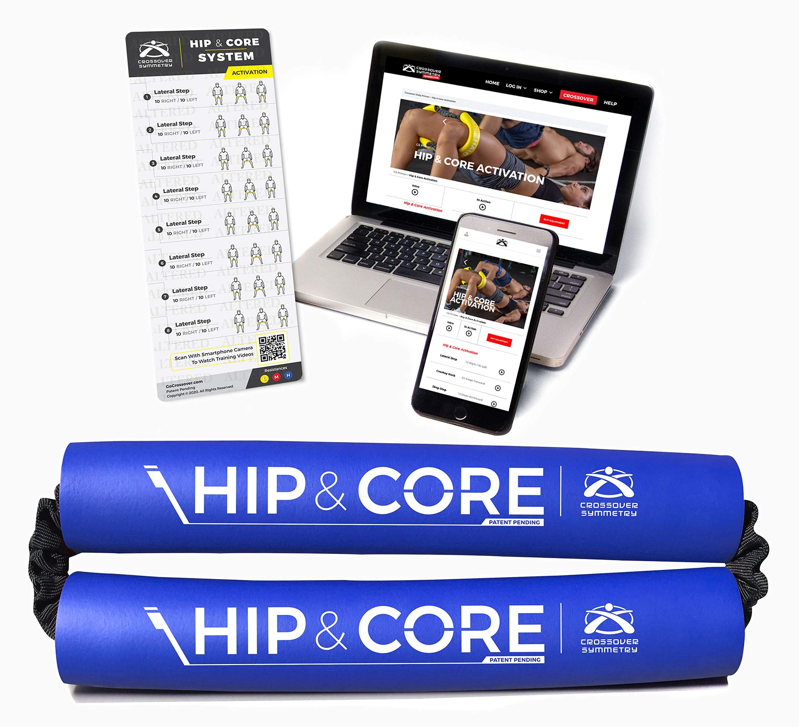 Crossover Symmetry Hip & Core System - Loop Resistance Home Workout Bands for Strengthening Legs, Butt, Hips, Thighs, Glutes, Muscle Training, with Online Exercise & Training Guide - Blue/Heavy
