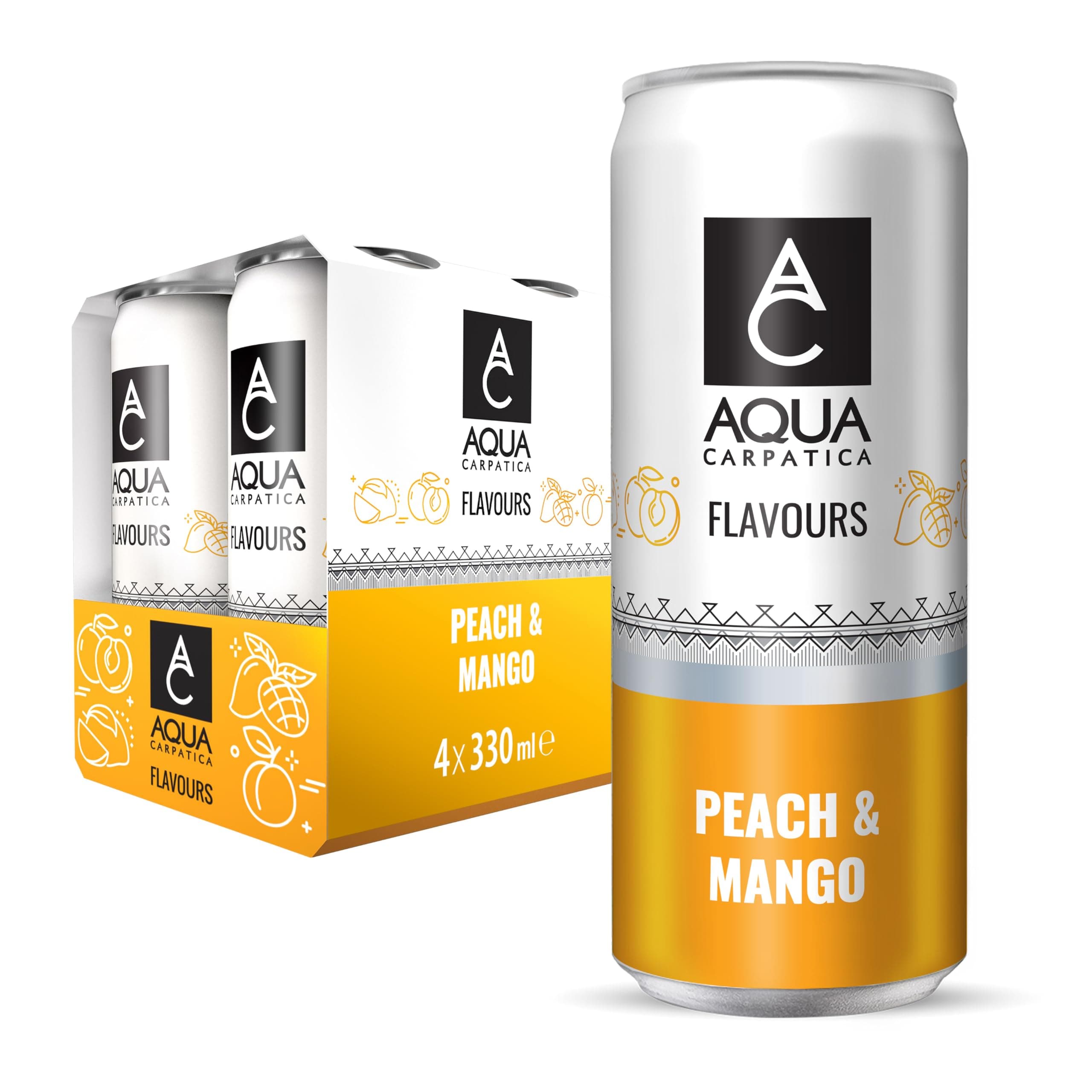 Sparkling Flavours Mango & Peach 330ml x 4 - Natural Fruit Juice Infused Sparkling Water, No Added Sugar, Naturally Alkaline, Sweetened with Agave Syrup, Rich in Minerals