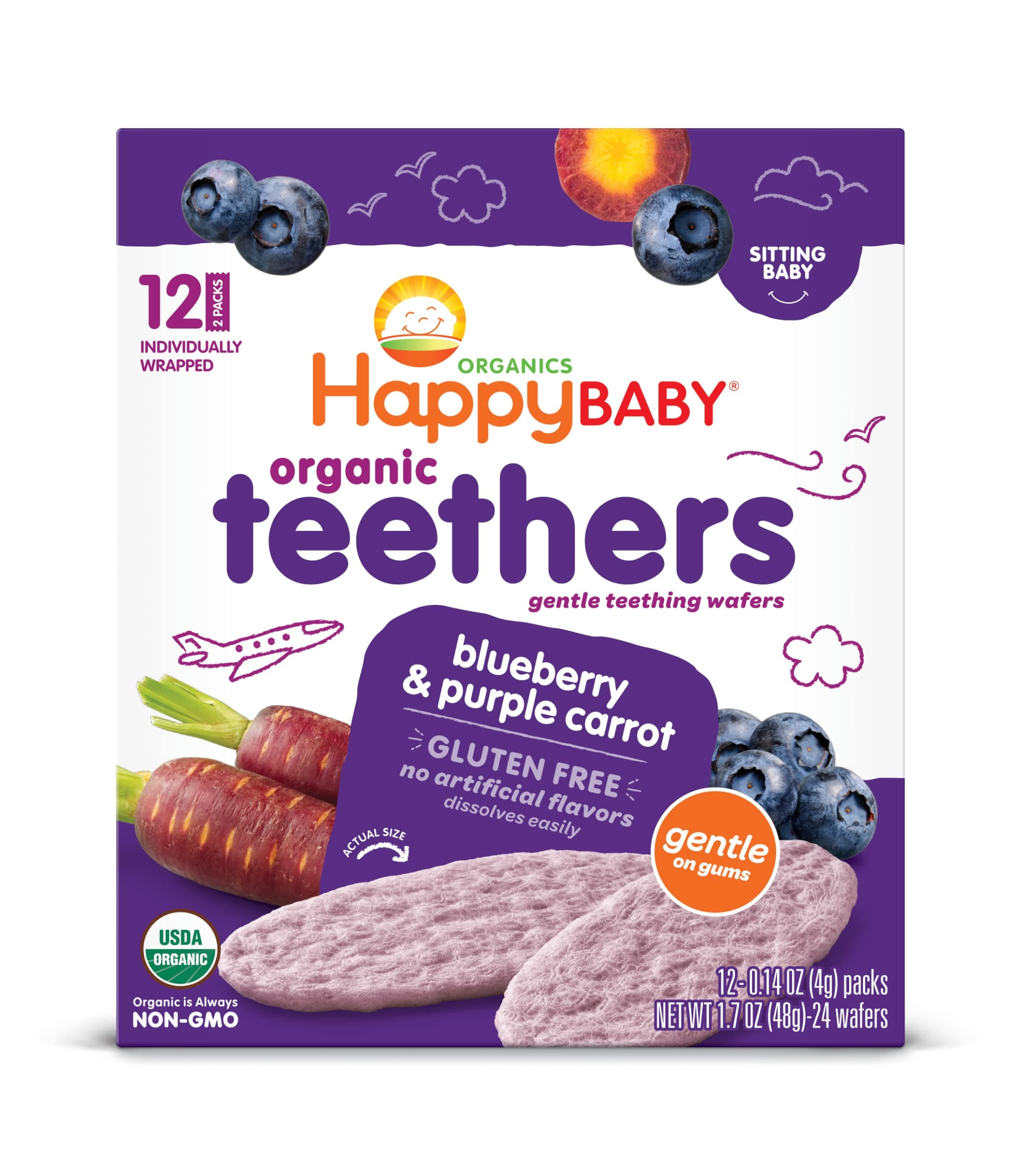 Happy Baby Family Organics Stage 1 Food Contains Blueberry Purple Carrot Soothing Rice Cookies Pack Non Gmo Gluten Free 48G, 1 Pack