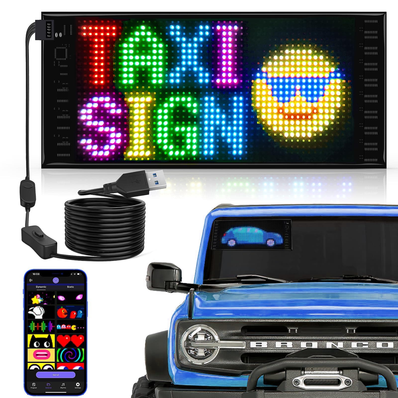 RAYHOME Full Color Dual Row LED Light Sign for Car, 10.6''x4.7'' Scrolling LED Signs Flexible 5V/2A Bluetooth APP Control LED Car Sign Custom Text Message Pattern Programmable LED Display