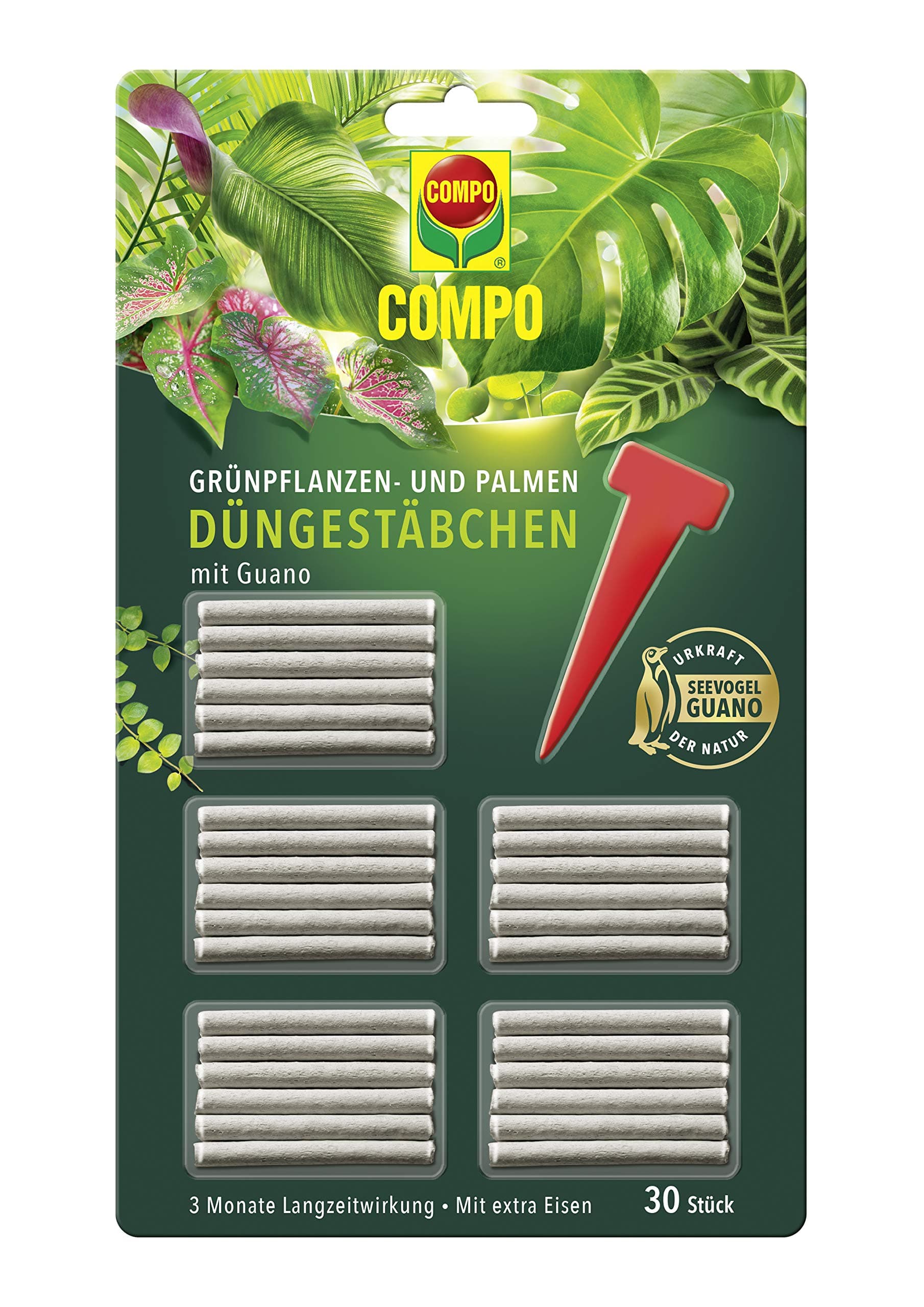 Green Plant and Palm Tree Fertiliser Sticks with Guano, Long-Lasting Effect for 3 Months, Pack of 30