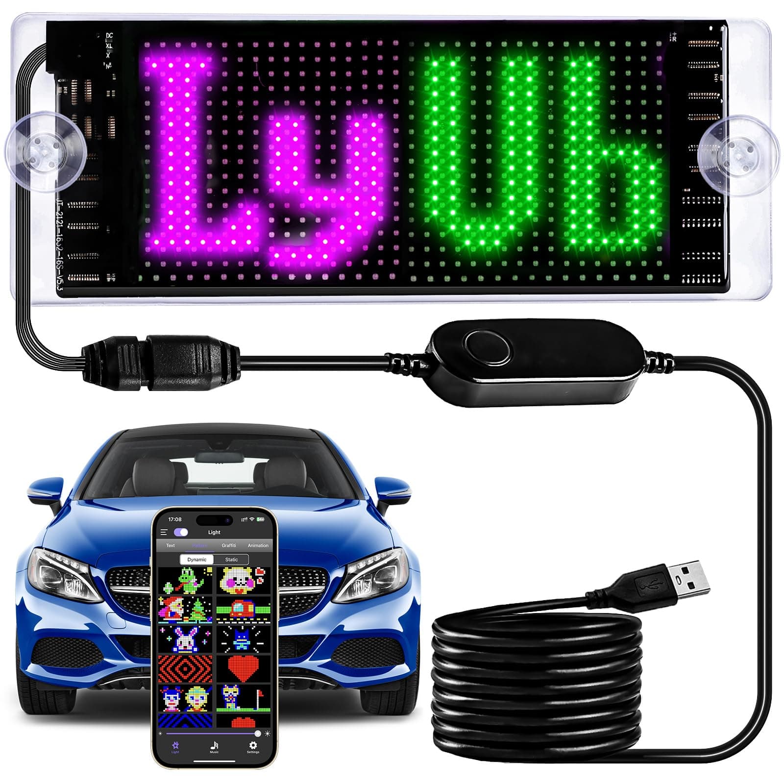 Light Sign for Car, 6.7''x2.7'' Programmable Flexible LED Matrix Panel, Bluetooth APP Control Custom Text Pattern Animation Scrolling LED Display for Car Windshield