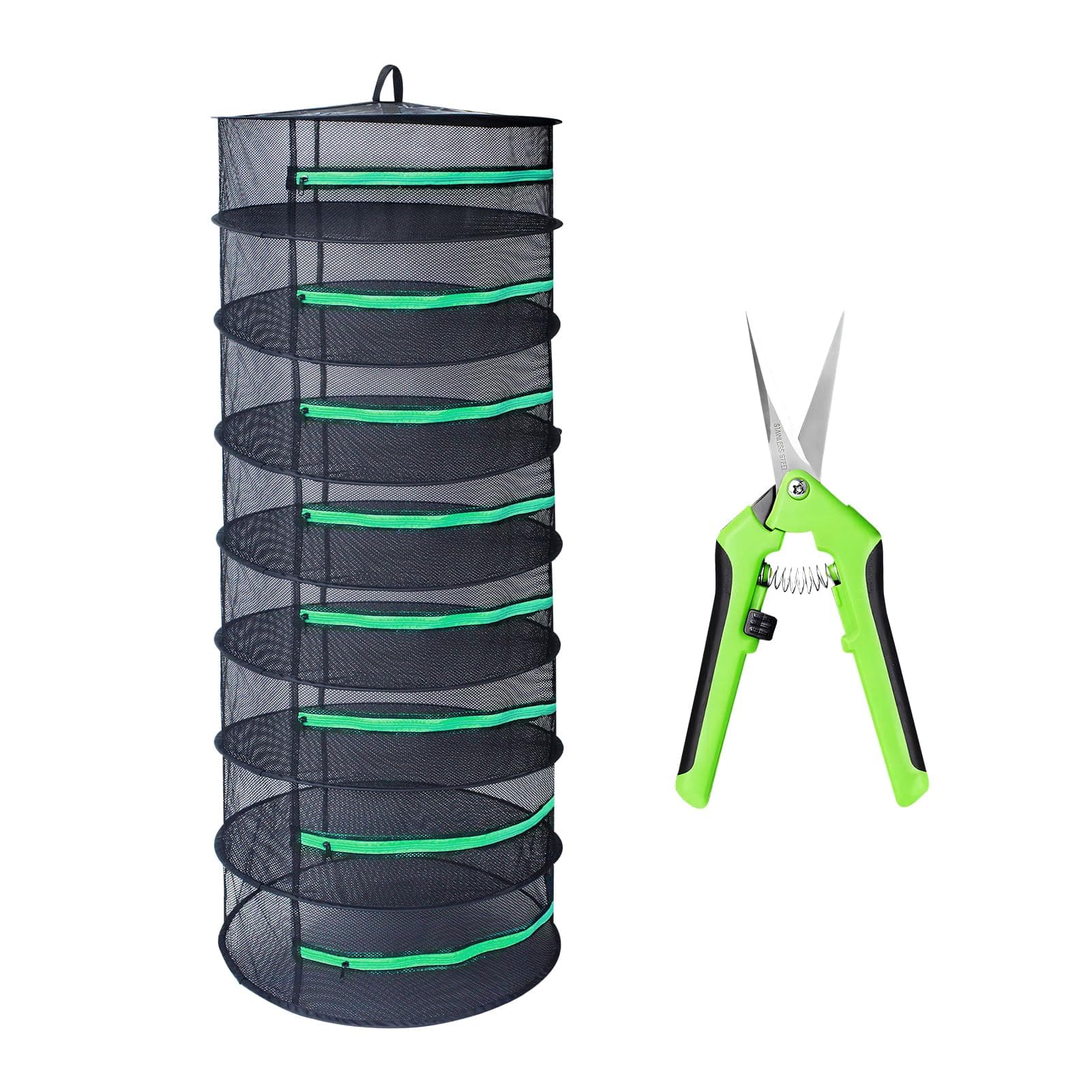 Growsun Herb Drying Rack 8 Layer 2ft Diameter Plant Hanging Mesh Dry Net w/Green Zipper, Free Garden Pruning Shears