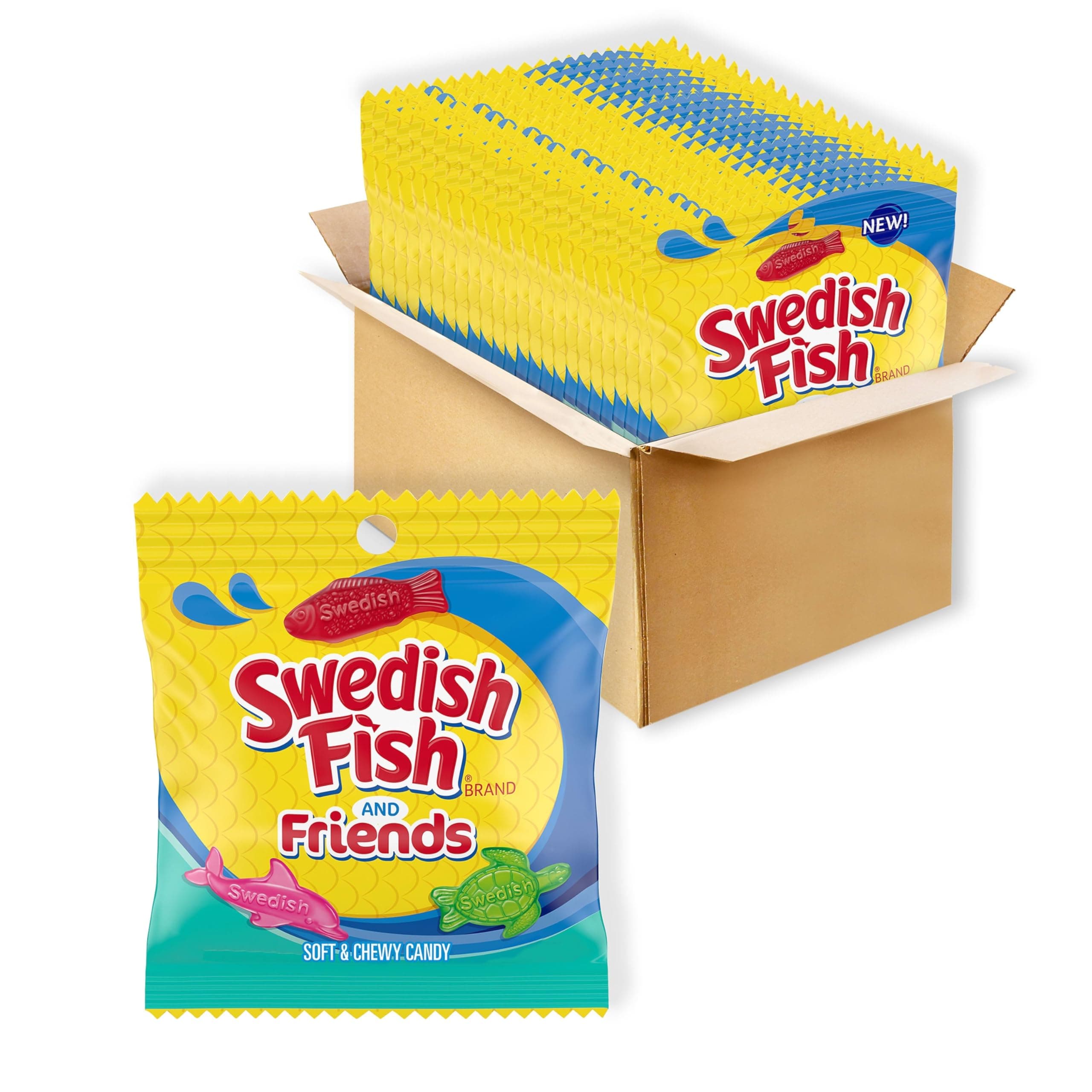 SWEDISH FISH and Friends Soft & Chewy Candy, Bulk Candy, 12-3.59 oz Bags