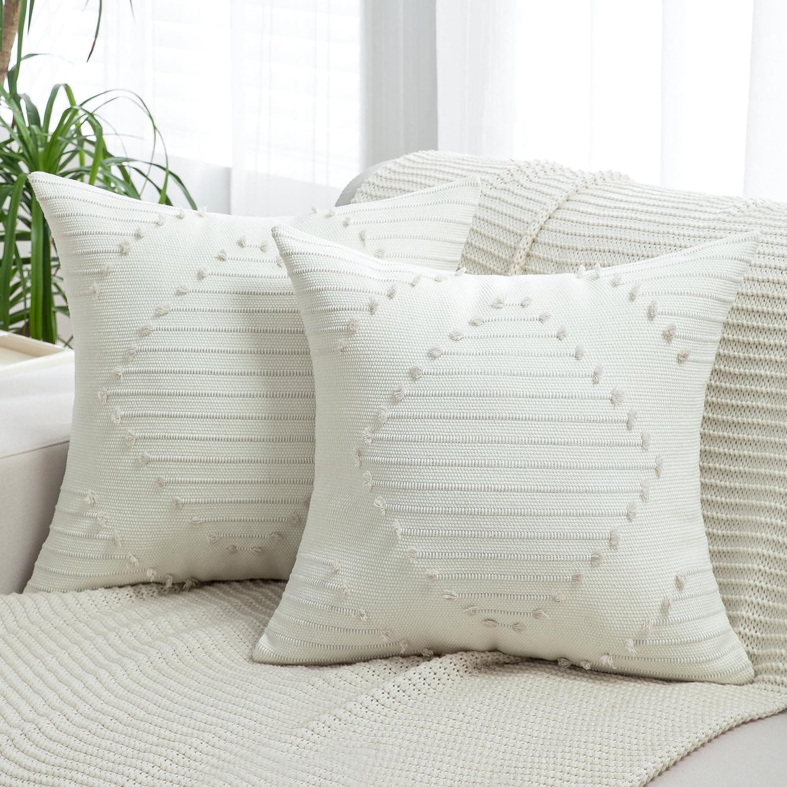 Boho Throw Pillow Covers 18x18 Set of 2 Decorative Pillow Cover Farmhouse Square Pillowcase Modern Soft Textured Pillow Cases Neutral Striped Pillow Covers for Couch Sofa Bed, Beige