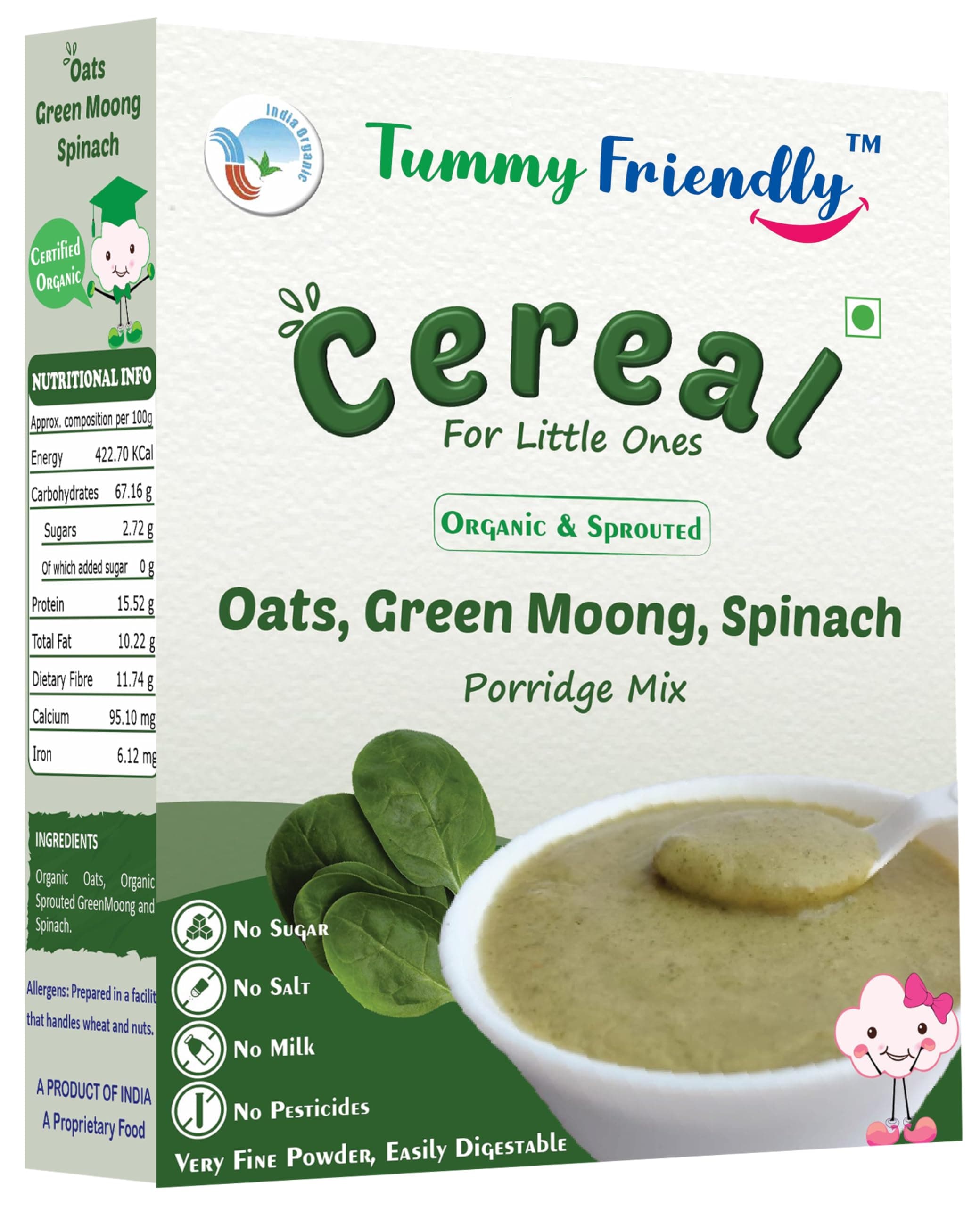 TummyFriendly Foods Certified Organic Oats, Sprouted Green Moong, Spinach Porridge Mix | Made of Sprouted Whole Green Moong, Spinach | Organic Oats for baby 8 months and 1 year old | Rich in Protein and Iron | No Sugar, No Salt, No Milk, No Chemicals, No Pesticides & No GMO | Maximum Possible Nutrition From Real-Food | 9 Month Shelf Life | 200g