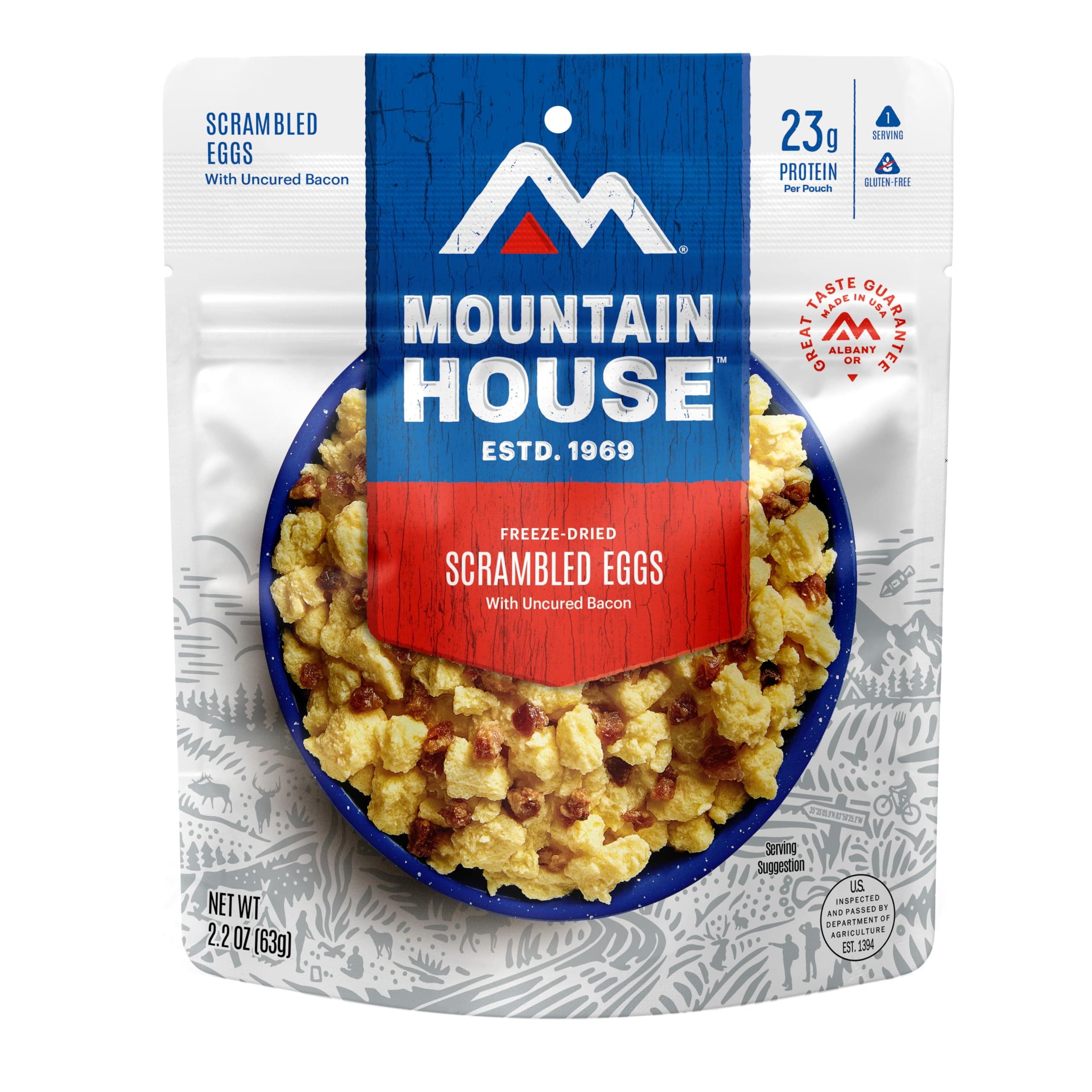 Mountain House Scrambled Eggs with Uncured Bacon | Freeze Dried Backpacking & Camping Food | 1 Serving | Gluten-Free