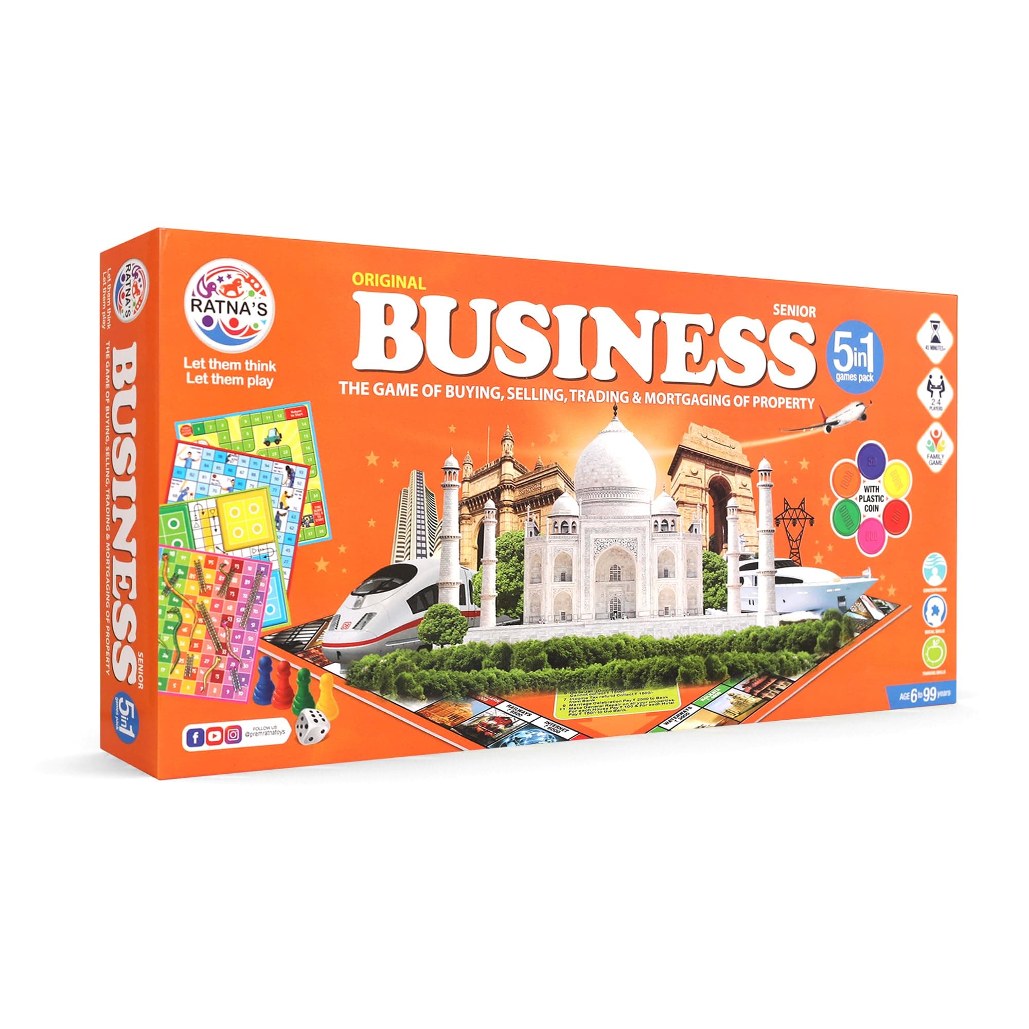 5 in 1 Business Senior Coin Board Game Game, 2 to 4 Players Family Game with Plastic Coins, Includes Ludo, Snakes & Ladders, Car Rally & Cricket Games, Perfect for Kids & Adults Play