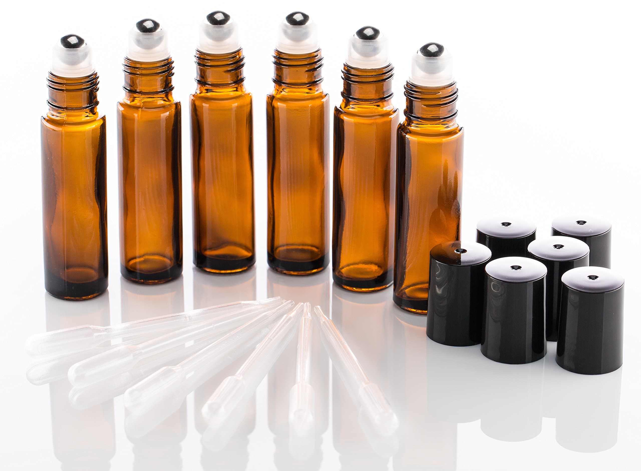 Quality 10ml Amber Roll-On Roller Bottles with Stainless Steel Roller Ball - Durable Glass (6 pack - Plus 6 Dropper Pipettes incl.) - Perfect for Essential Oil Mixes, Perfumes and more applications