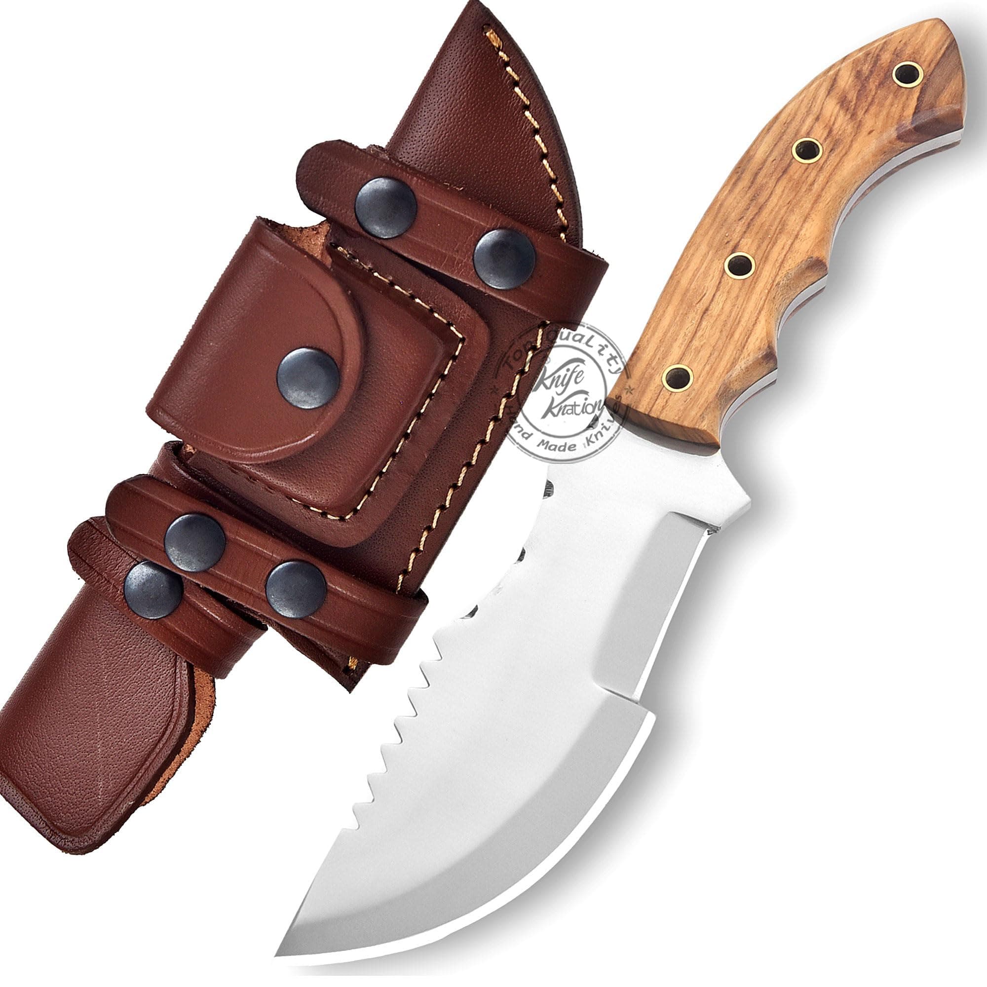 Handmade Stainless Steel Tracker Hunting Knife with Sheath & Olive Wood Handle, Outdoor Knife, Camping Stainless Steel Fixed Blade Hunting Knives for Men, Horizontal Carry Sheath, Bushcraft Outdoor Survival Knife (Olive Wood)