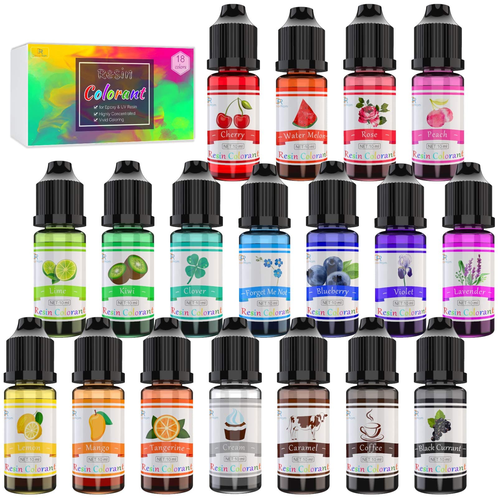 Epoxy Resin Pigment - 18 Colour Liquid Epoxy UV Resin Dye Transparent Colourant for UV Resin Colouring, Resin Art Jewelry Making - Concentrated UV Resin Colourant for Paint, Crafts - 0.35 oz/10ml Each