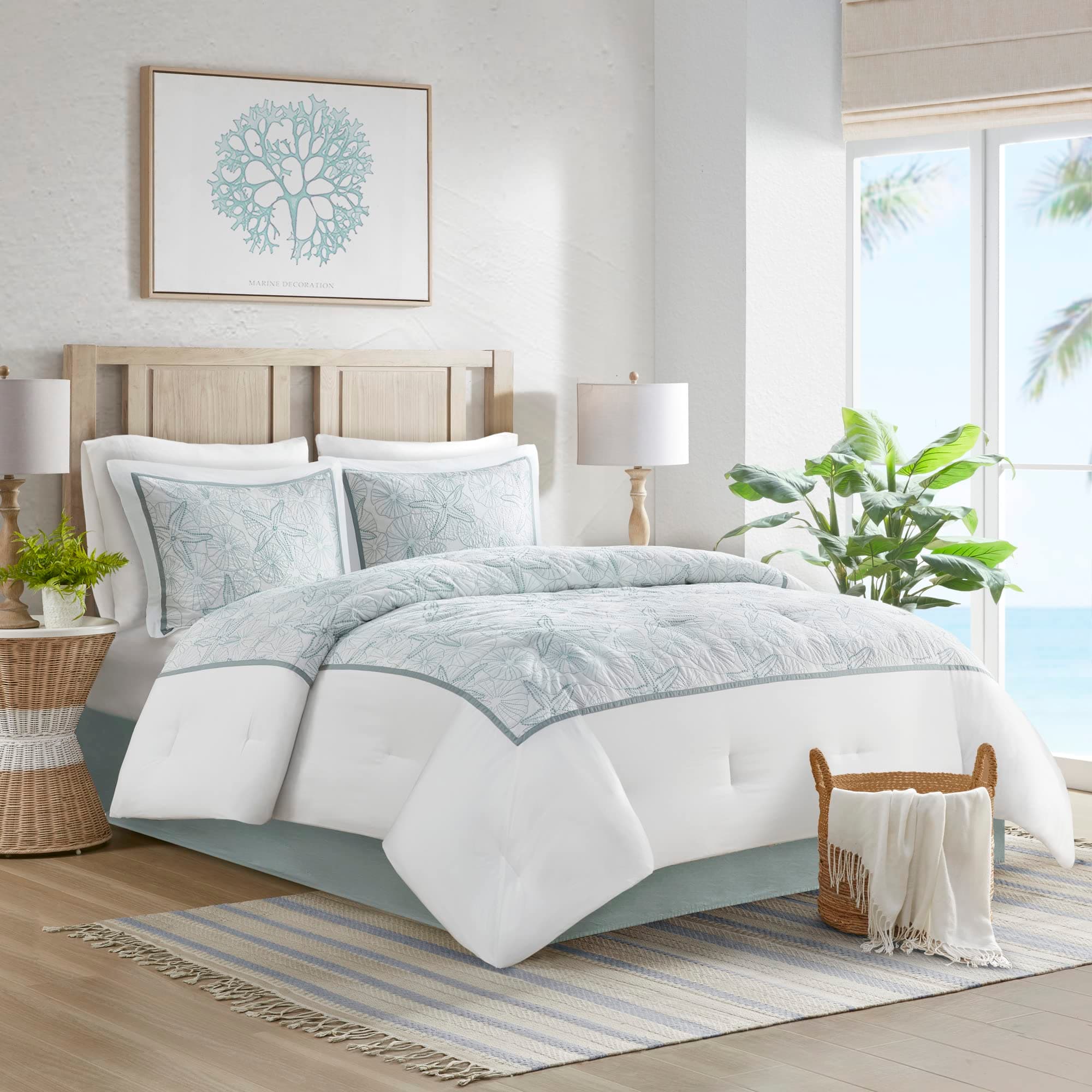 Cotton Comforter Set - Coastal Oceanic Sealife Design, All Season Down Alternative Bedding with Matching Shams, Bedskirt, Maya Bay, Seafoam Blue King(108"x96") 4 Piece