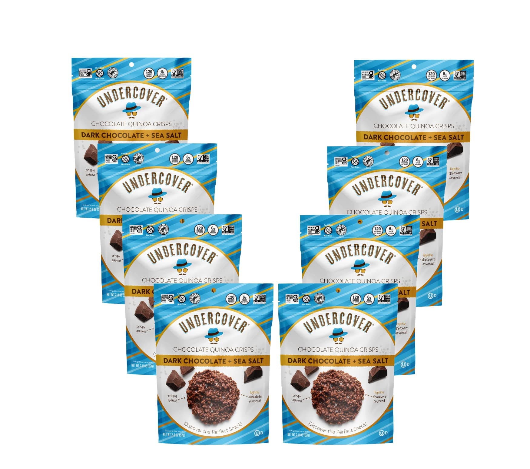 Undercover Snacks Chocolate Crispy Quinoa Snack - Dark Chocolate + Sea Salt - Gluten-Free, Nut-Free Bags, 2 Ounce (Pack Of 8)
