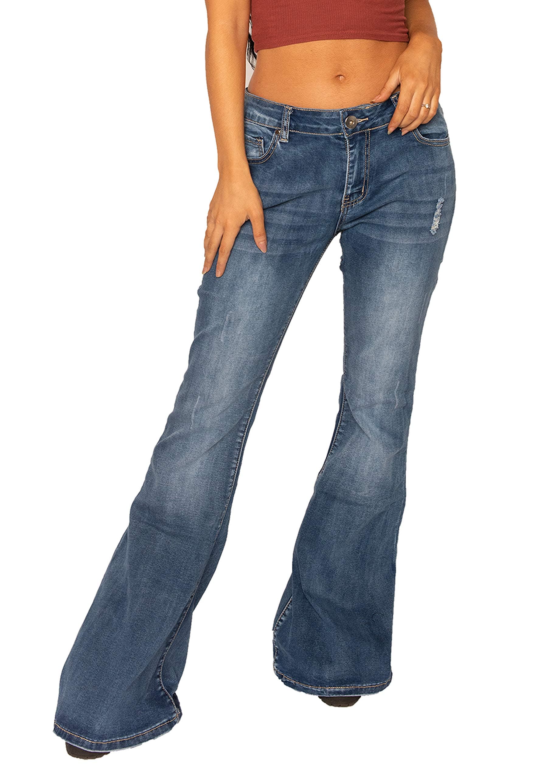 Glamour Outfitters60s 70s Ripped Distressed Denim Flares Faded Wide Flared Jeans - Blue