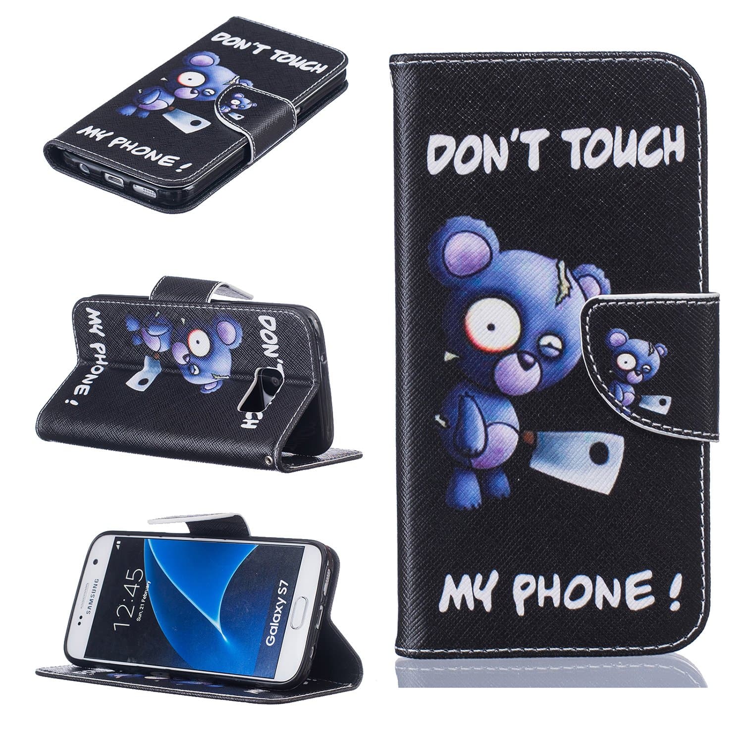 Galaxy S7 Case,Samsung Galaxy S7 PU Leather Case Black,Vioela [with Lanyard Strap/Rope] Built-in Stand Premium PU Leather Wallet Case Holster Flip Cover with Card Slots Compartment for Samsung Galaxy S7 with Free Stylus - Cute Blue Beare,funny saying Don't Touch My Phone