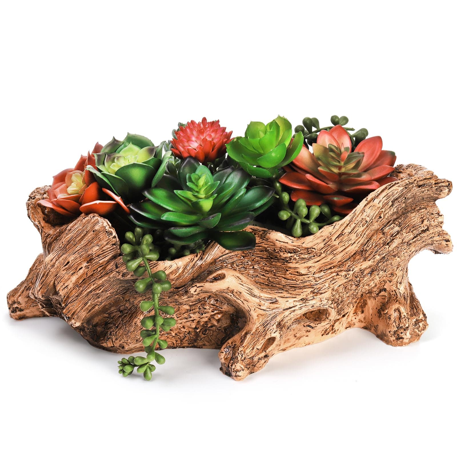 Tebery Artificial Driftwood Stump Log Planter Vintage Cactus Container with Drainage Hole, Creative Imitation Sculpture Resin Succulent Flower Pot for Herb, Strawberry, Small Plants
