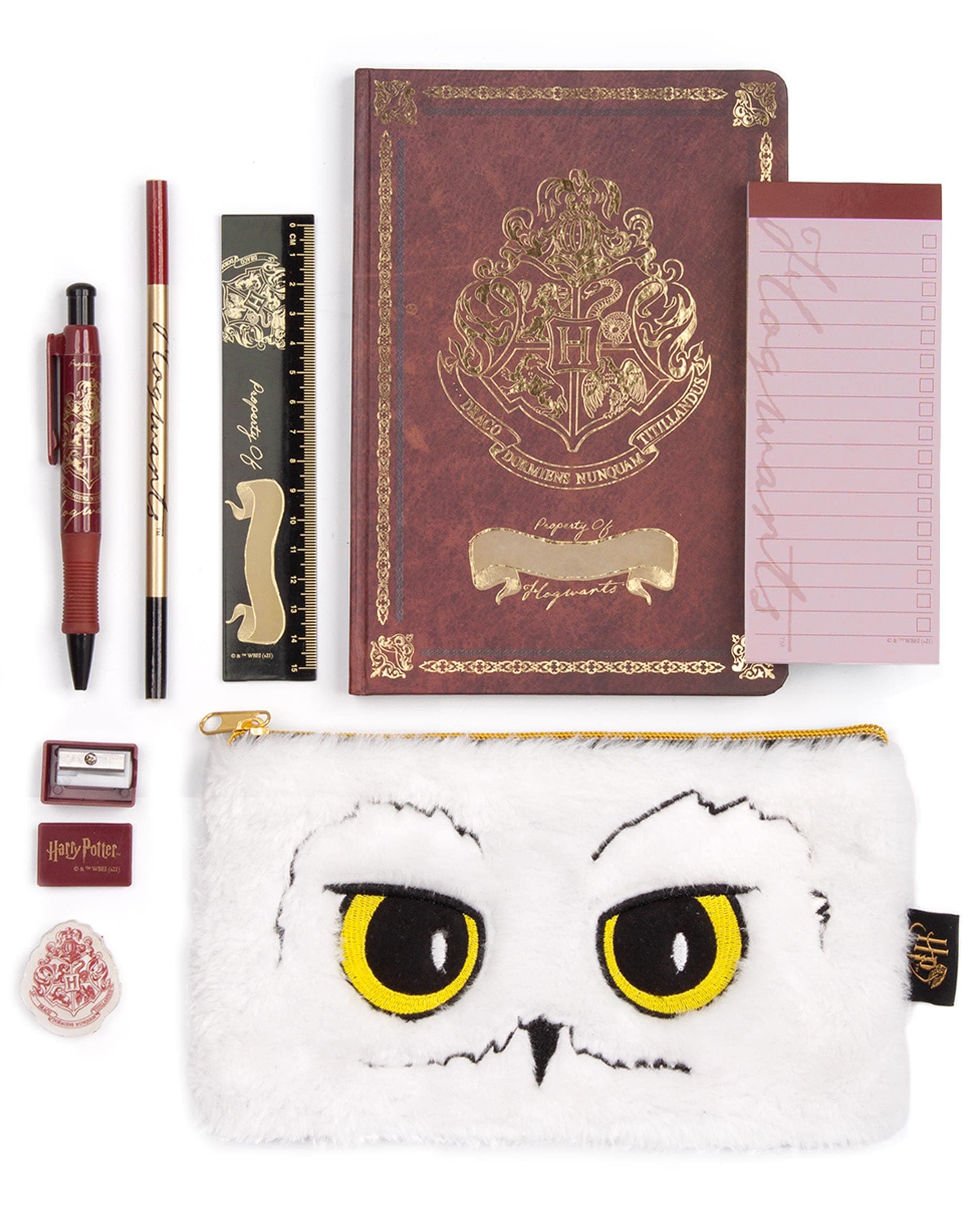 Harry Potter Stationery Set Boys & Girls | A5 Hogwarts Book, Notepad, Ruler, Writing Pen, Pencil, Eraser & Fluffy Hedwig Pencil Case | Back to School Gifts