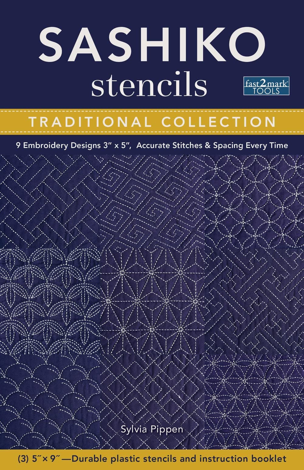 Sashiko Stencils, Traditional Collection: 9 embroidery designs 3" x 5", accurate stitches & spacing every time