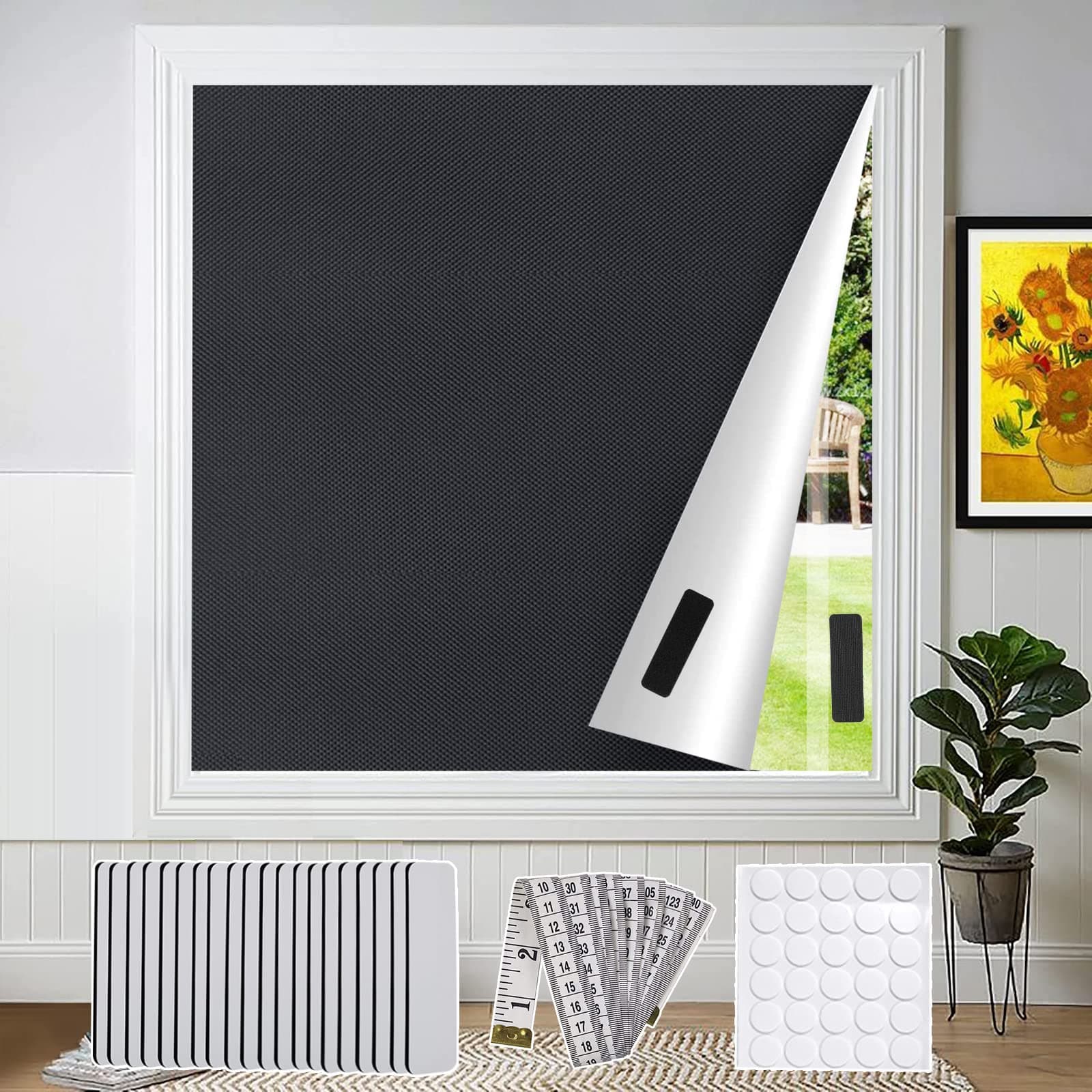 100% Blackout Blind 300×145cm Blackout Blinds Stick on Portable Temporary Black out Blinds Day and Night Blackout Curtains Cut to Fit Any Windows Size Shape No Drill for Bedroom Travel Nursery