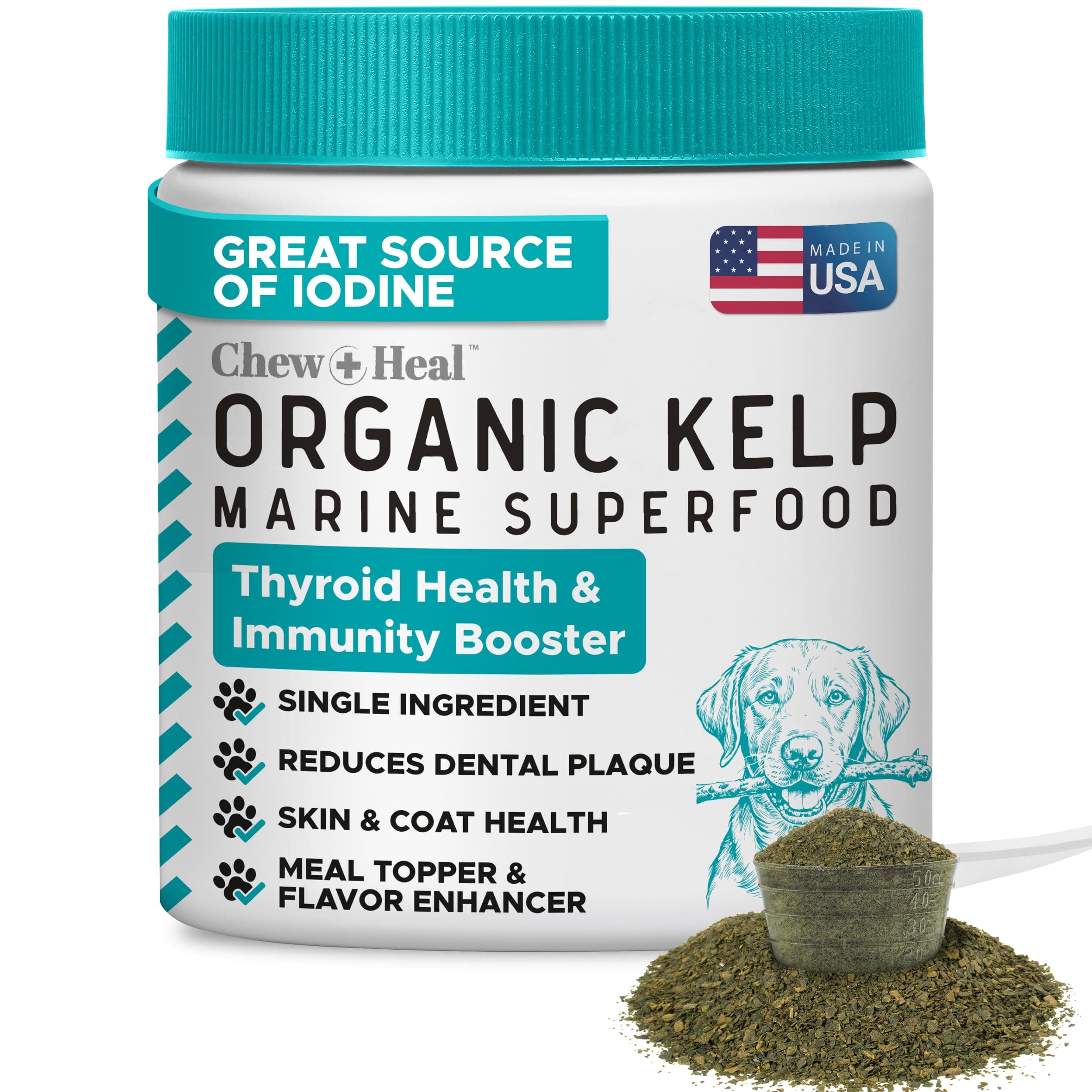 Sea Kelp Powder for Dogs - Thyroid, Dental & Plaque Support, Skin & Coat - Chew + Heal Labs Iodine-Rich 4 oz Kelp Supplement, Digestion & Immune, Seaweed Meal Topper with 5cc Spoon, Made in USA