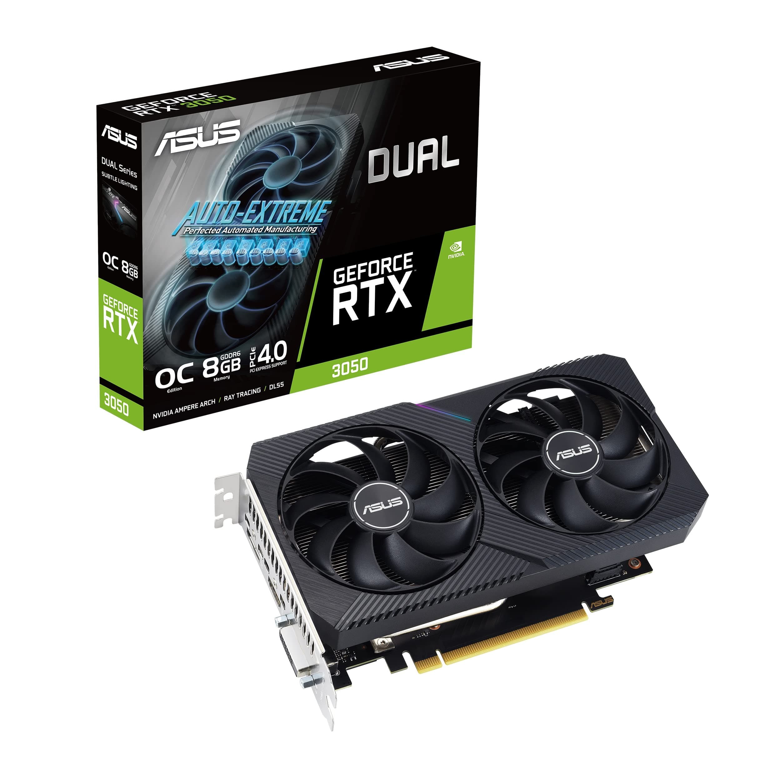 Asus Dual GeForce RTX 3050 V2 OC Edition 8GB GDDR6 Gaming Graphics Card, PCI Express 4.0, 2 Axial-tech fans, 14 Gbps Memory Speed, 128-bit Memory Interface - Black