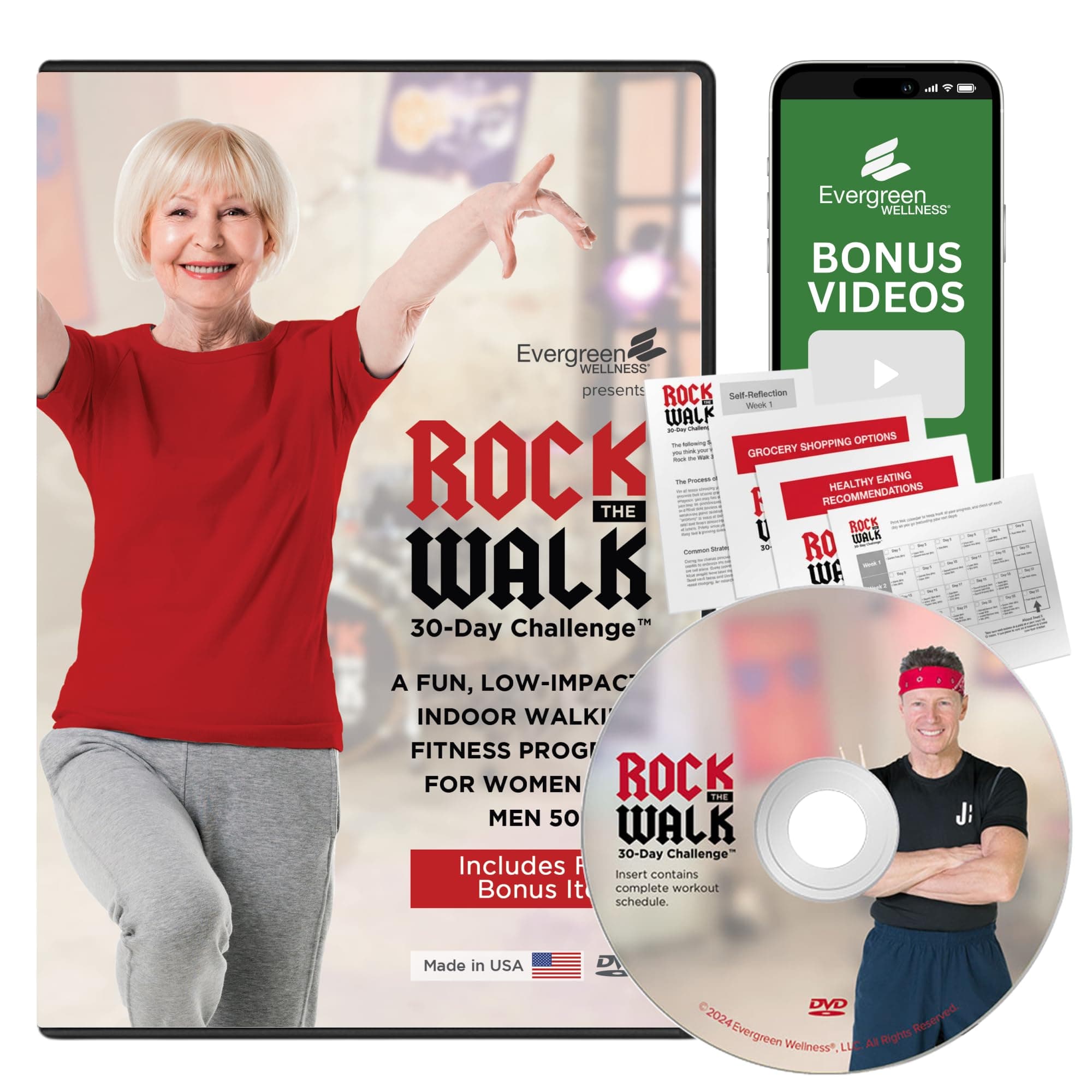 Evergreen Wellness Rock The Walk 30-Day Workout Challenge DVD for Beginners and Seniors - The Low Impact, Indoor Walking Exercise Programme