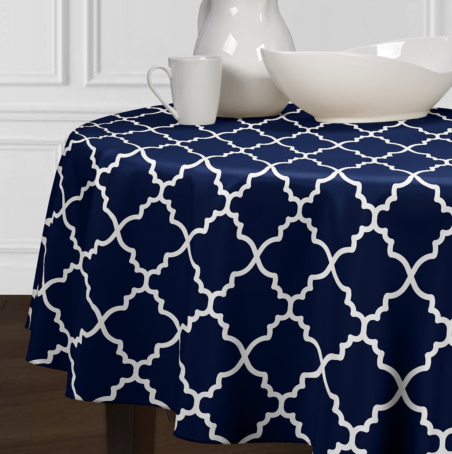 A LuxeHome Navy Blue and White Modern Contemporary Trellis Tablecloths Dining Room Kitchen Round 90"