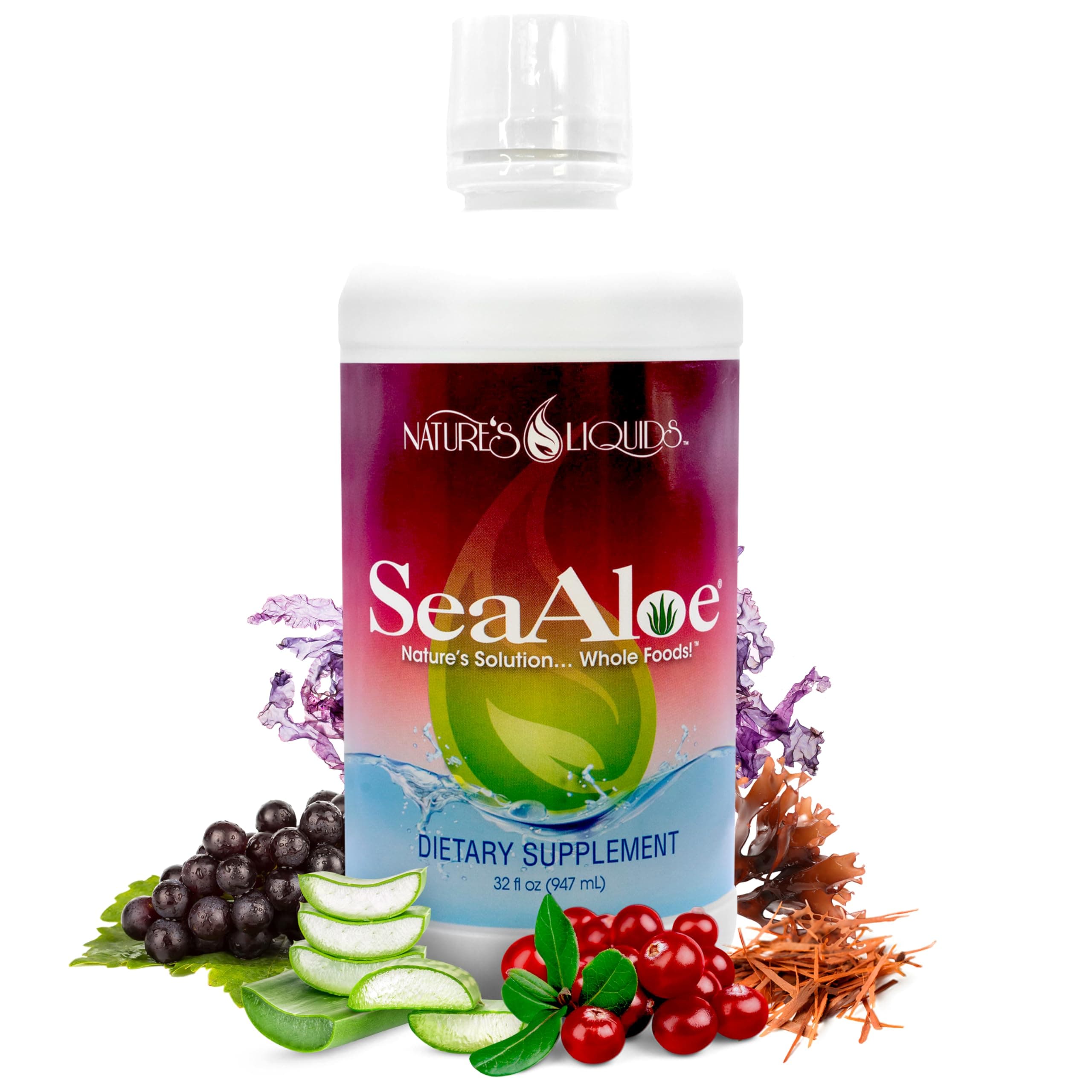 Nature’s Liquids - SeaAloe Liquid Whole Food, (32 Oz) Liquid Multivitamin and Mineral Supplement, With Aloe Vera, Sea Vegetables, Pau D’ Arco, For Digestion, Immune Support & Thyroid Function - 1 Bottle