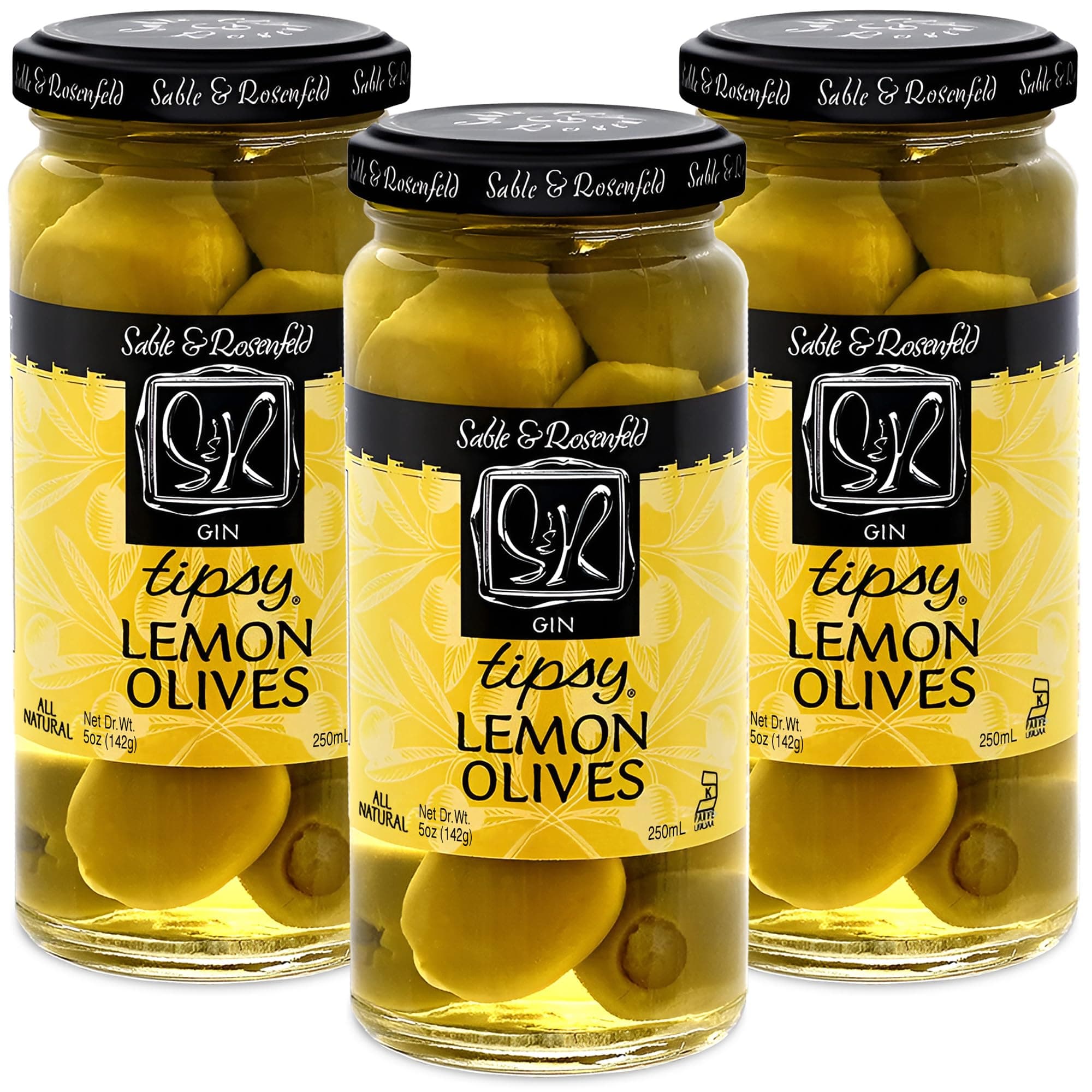 Tipsy Olives - Green Olives Stuffed with Lemon - Large Cocktail Olives in Gin for Cocktail Garnish, Bloody Mary Condiments, Martini Stuffed Olives, Olive Bar - Sable & Rosenfeld - 5 oz (Pack 3)