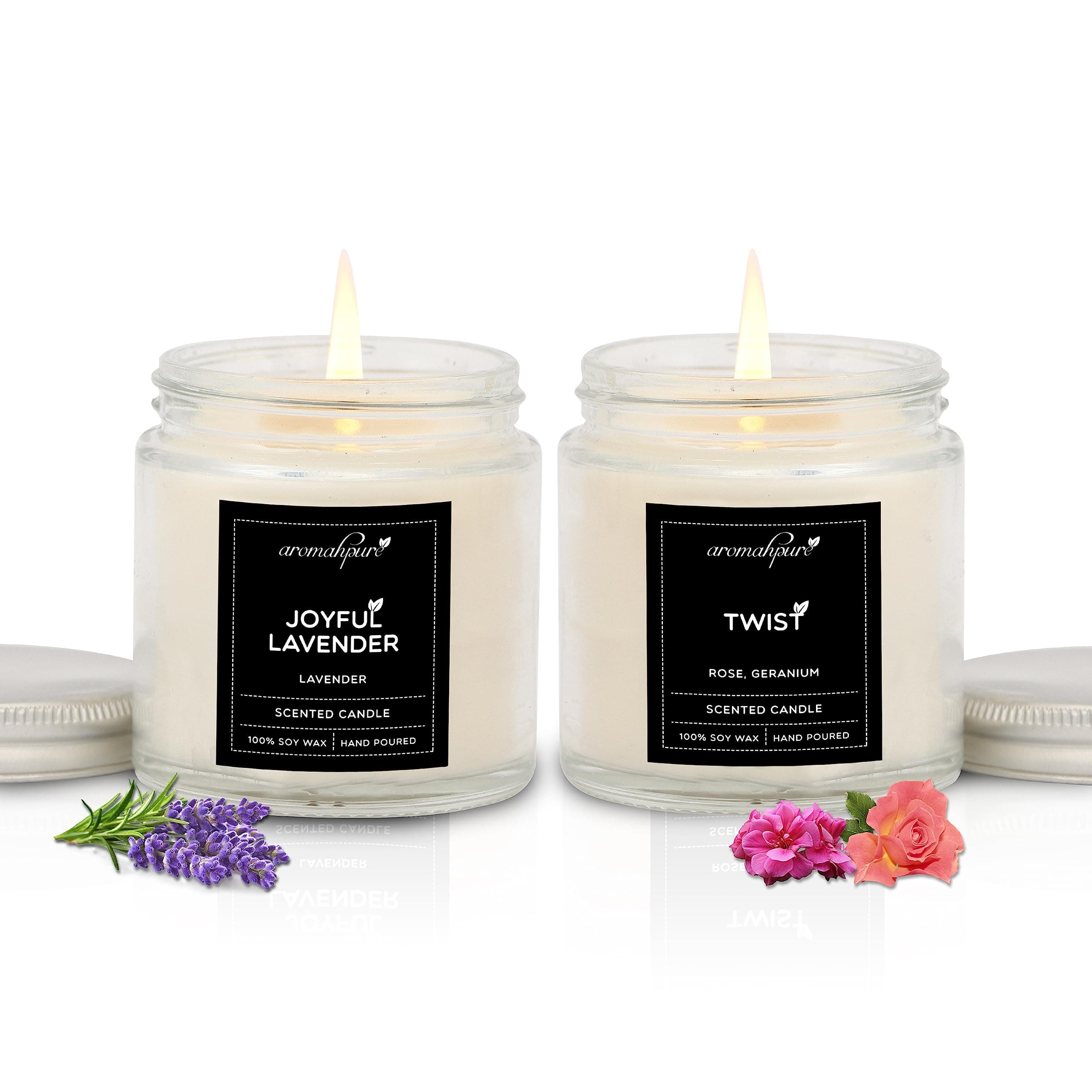 Aromahpure Scented Candles (55 Hours) (100% Soy Wax)- Handcrafted | Smoke-Free | Joyful Lavender, Twist Fragrance-Rose & Geranium Candles for Home & Gift Sets, IFRA Certified