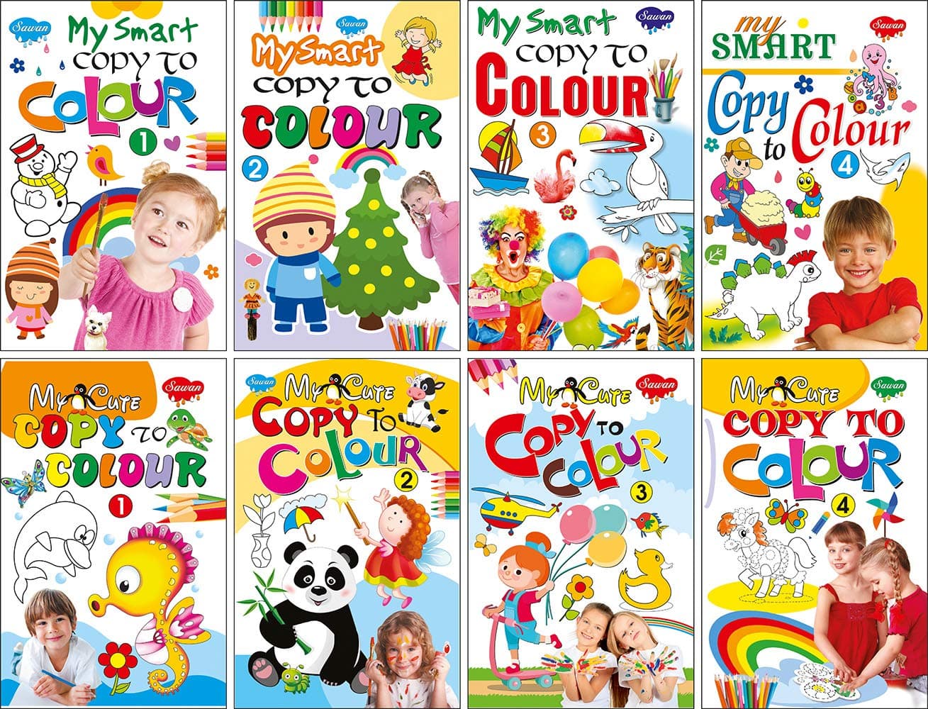My Smart Copy to Colour-1 to 4 and My Cute Copy to Colour-1 to 4 | Set of 8 Colouring Books
