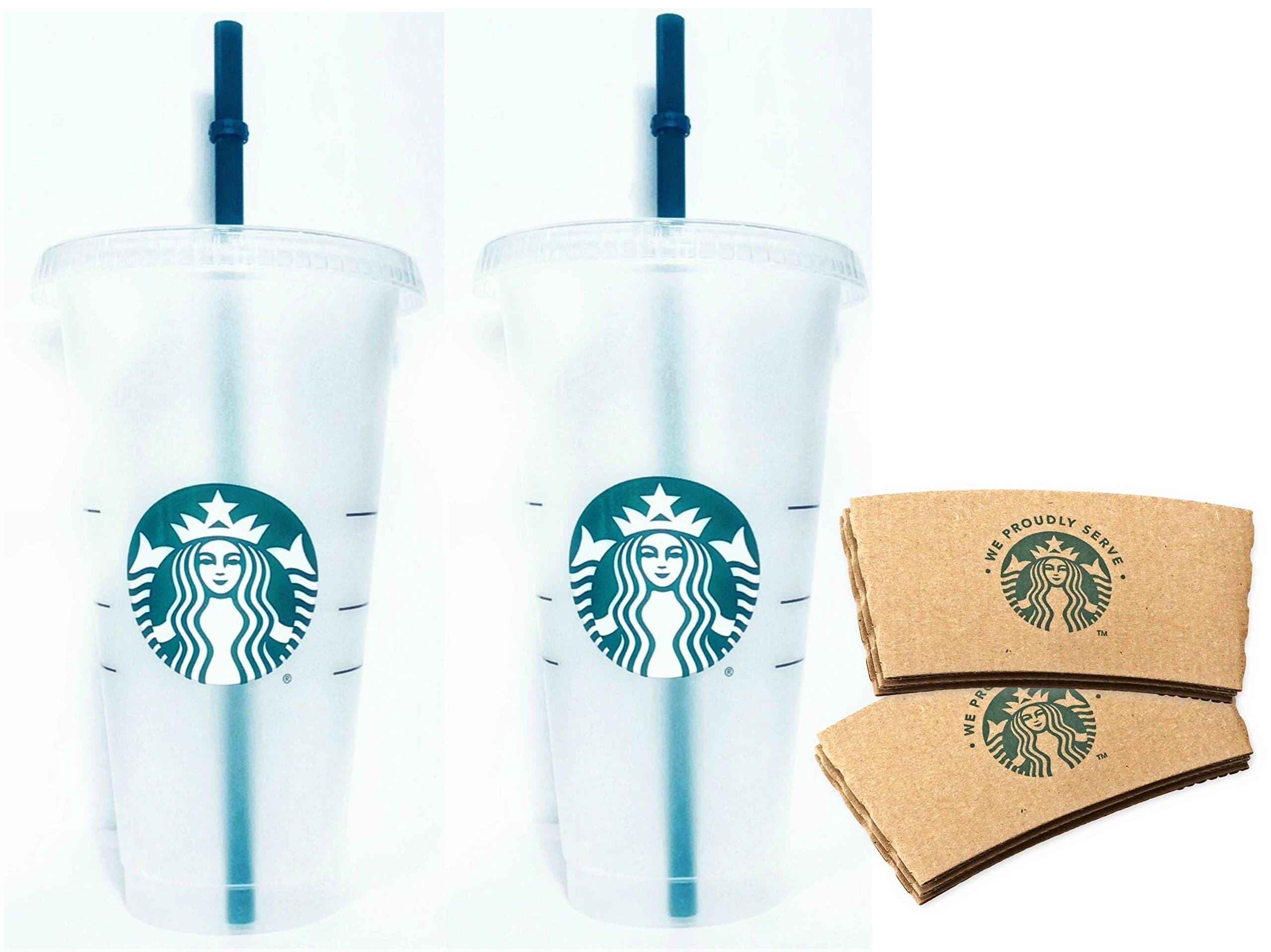 Reusable Venti 24 fl oz Frosted Ice Cold Drink Cup Bundle Set of 2 with Sleeves