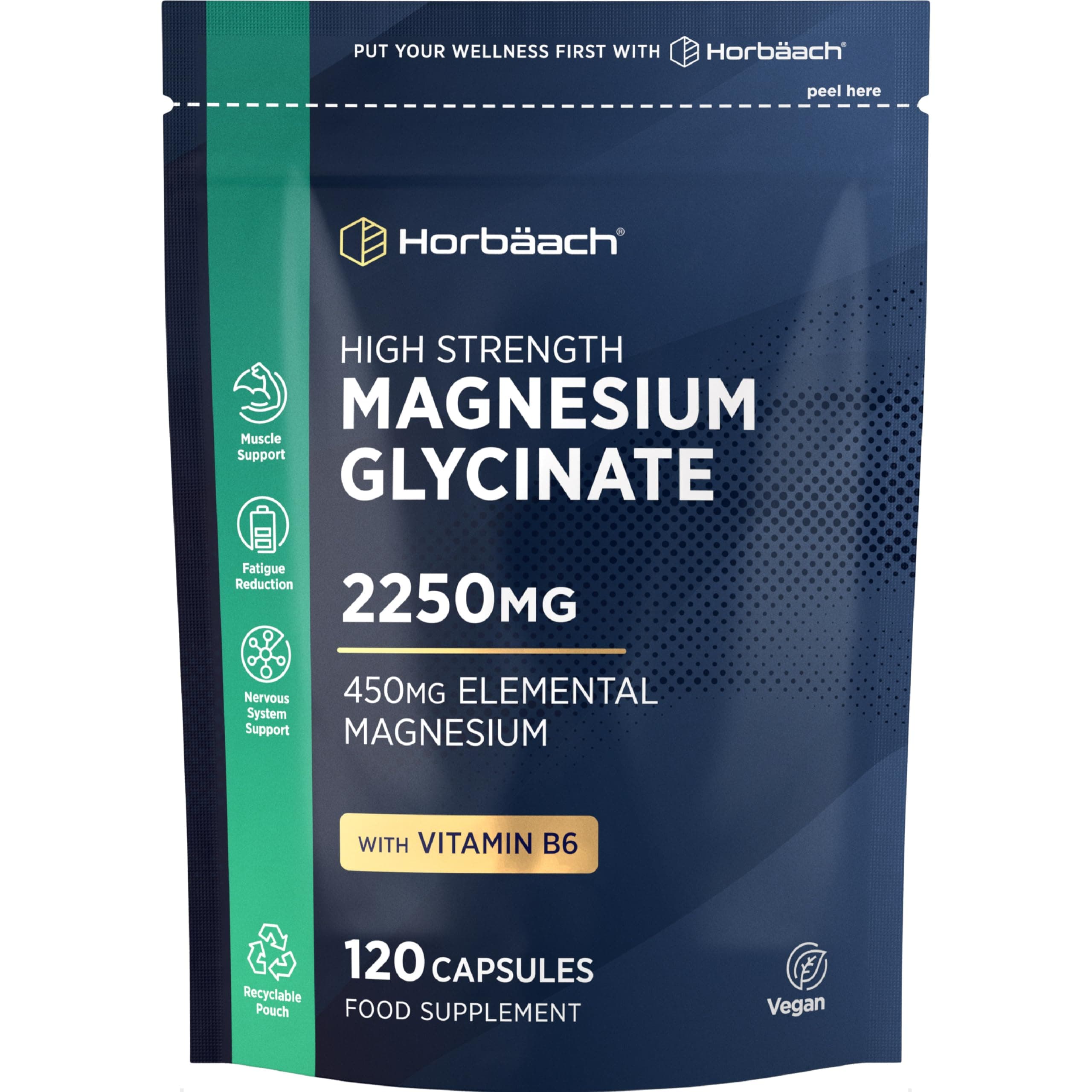 Magnesium Glycinate Supplement 2250mg | with Vitamin B6 | High Strength Providing 450mg of Elemental Magnesium | 120 Capsules | Vegan | by Horbaach