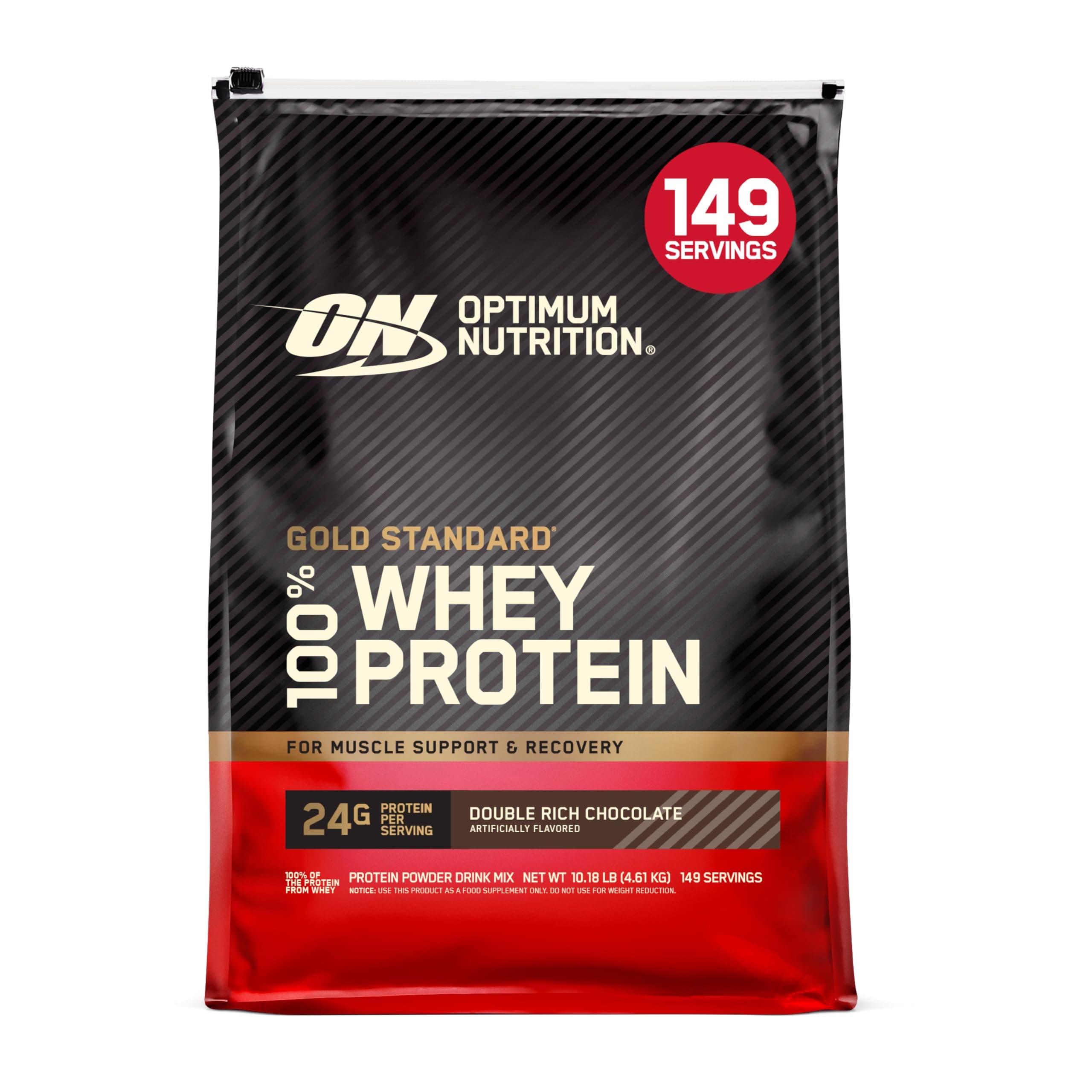 Optimum Nutrition (ON) Gold Standard 100% Whey Protein Powder Primary Source Isolate, 24 Grams of Protein for Muscle Support and Recovery - Double Rich Chocolate, 10 Lbs, 149 Servings (4.54 KG)