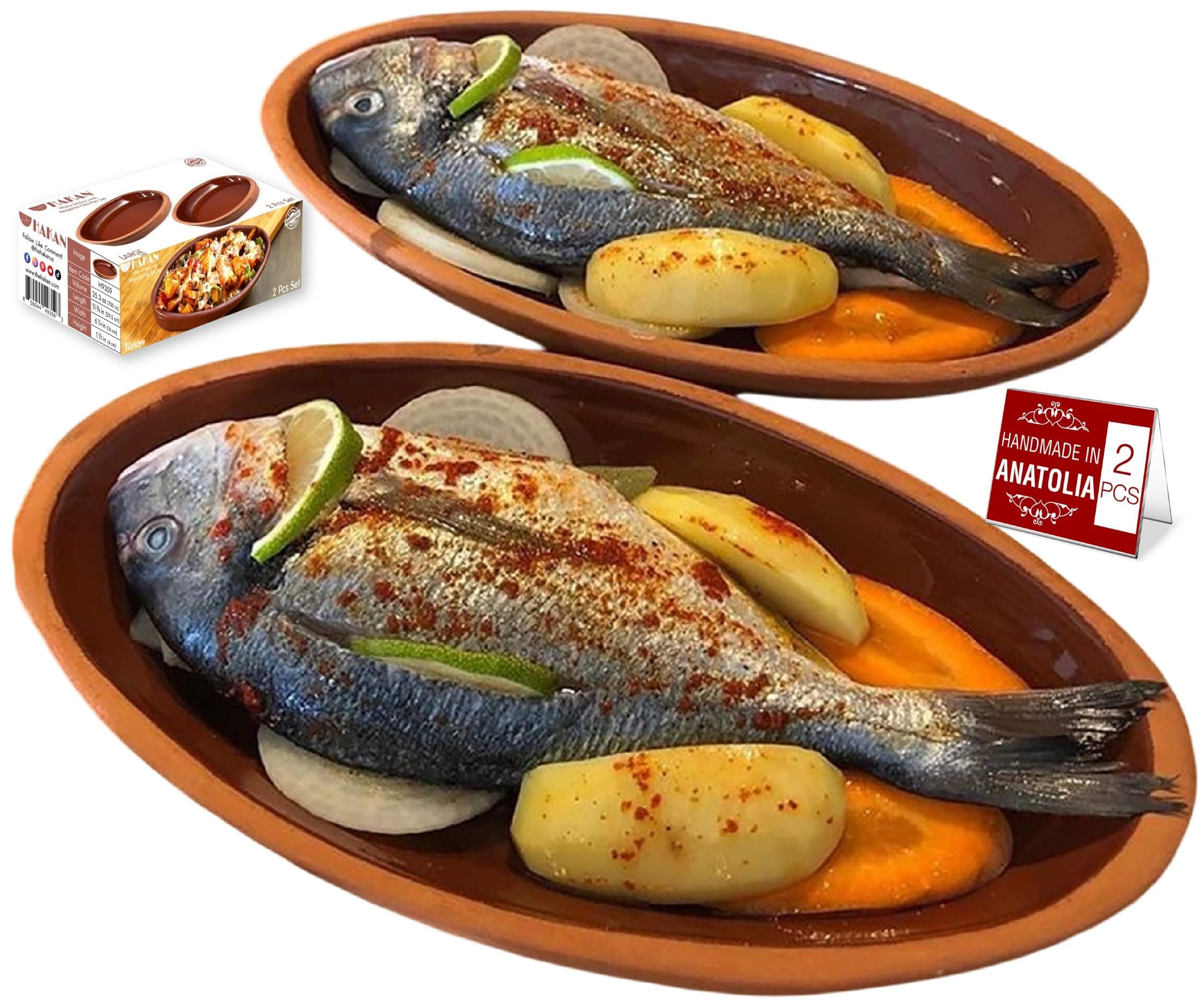 Hakan Bergama Handmade Oval Clay Pan Set of 2 | Terracotta Pans Glazed Inside | Casserole Dishes for Oven Baking | Traditional Earthenware Clay in Box, Large, 6.2 x 11.6 x 1.5-inch 25.3 Oz (750 cc)