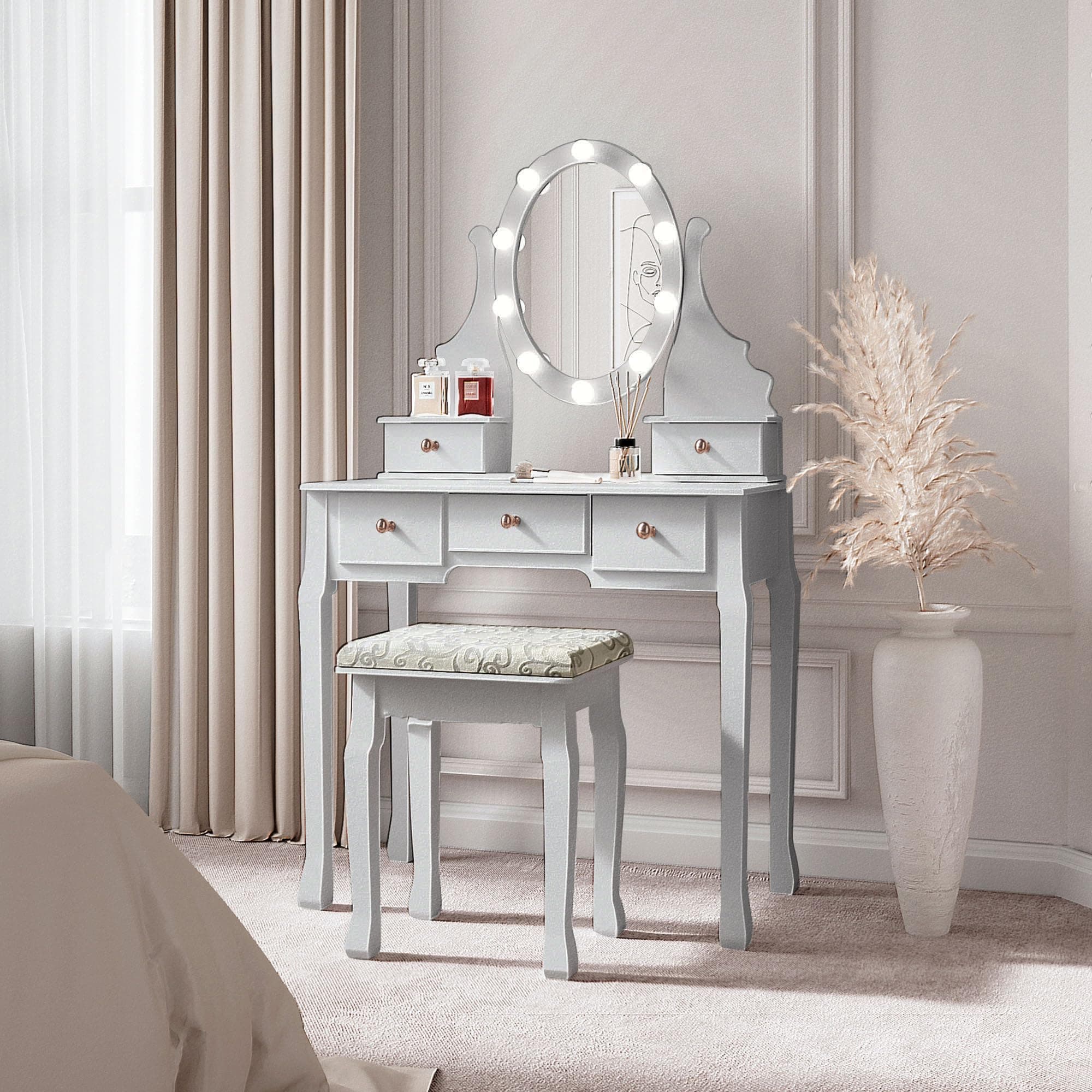FABS Ruby Dressing Table with Hollywood Mirror LED Lights and Cushioned Stool Set 5 Storage Drawers Jewellery Makeup Organiser Cosmetic Vanity Dresser Vintage Style Bedroom Furniture (Grey)
