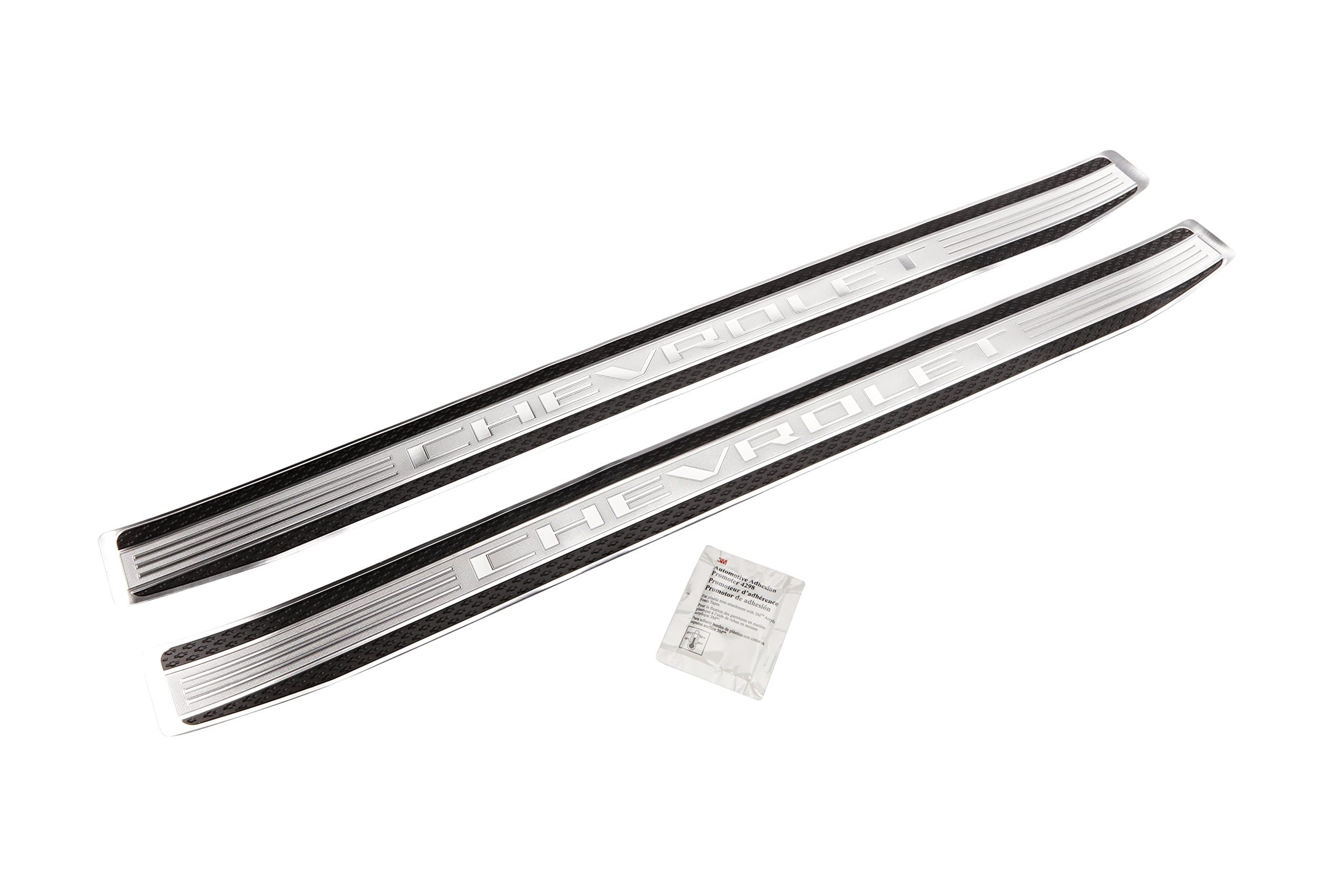 92223800 Front Door Sill Plates in Black and Brushed Aluminum with Chevrolet Script