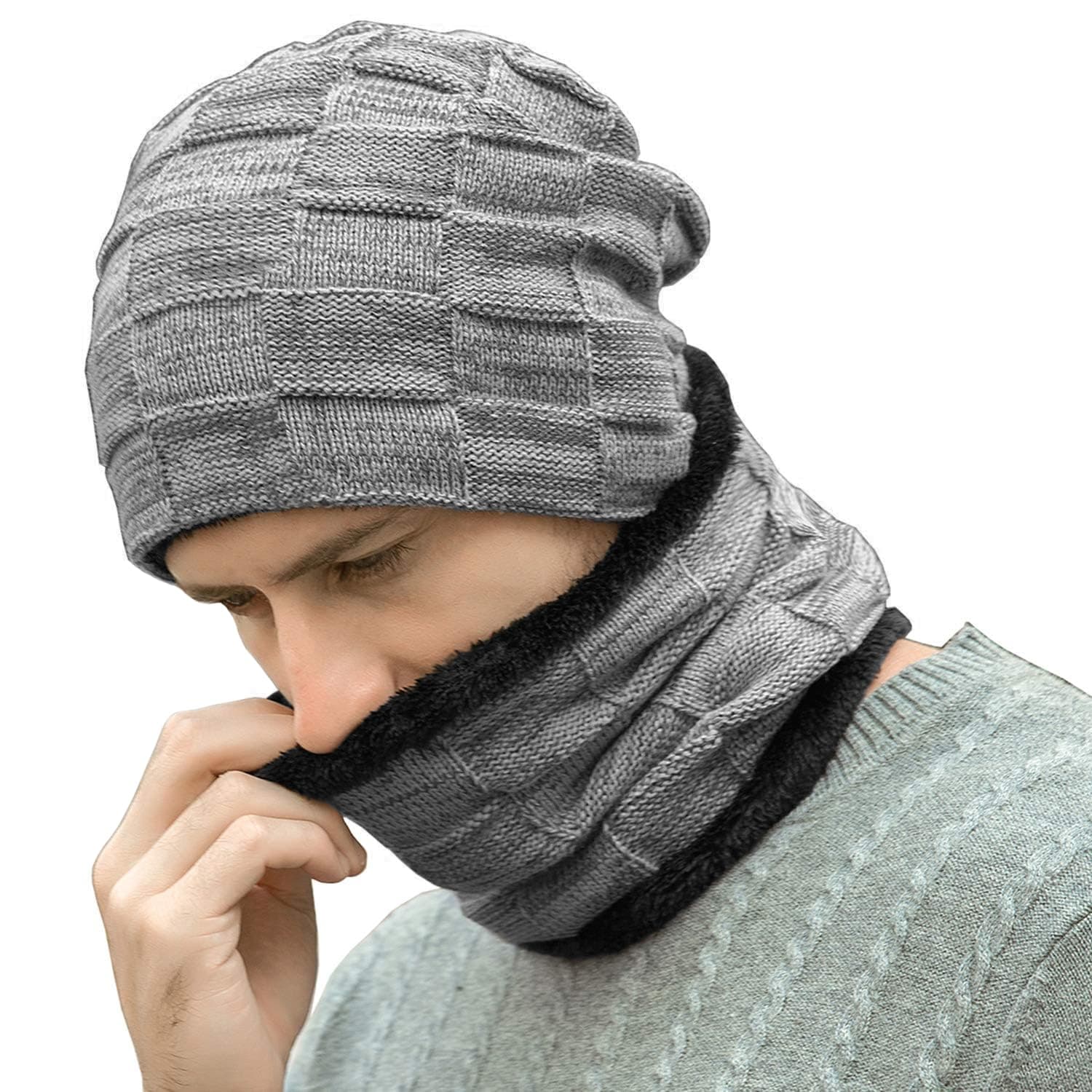 Mens Winter Beanie Hats Scarf Set Warm Knit Skull Cap Neck Warmer with Fleece Lined Winter Hat for Women