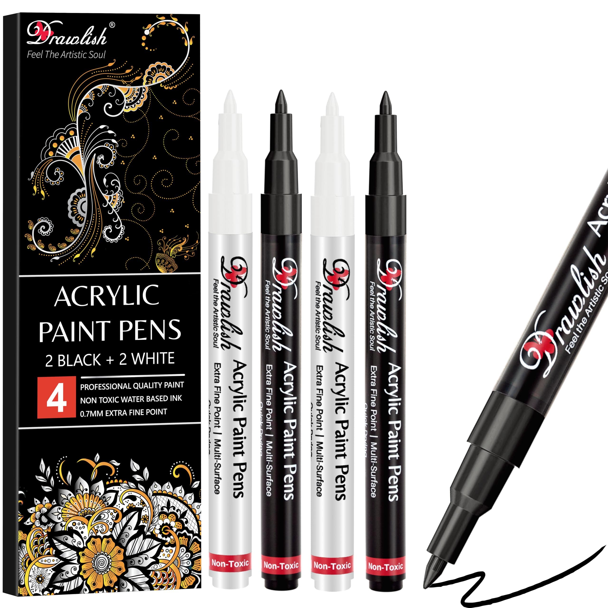 Drawlish Acrylic Paint Pens, Black & White Pen Set of 4 Glass Paint Markers 0.7mm Extra Fine Tip | Ideal for Wood, Fabric, Porcelain, Ceramic, Stone, Rock Painting and more