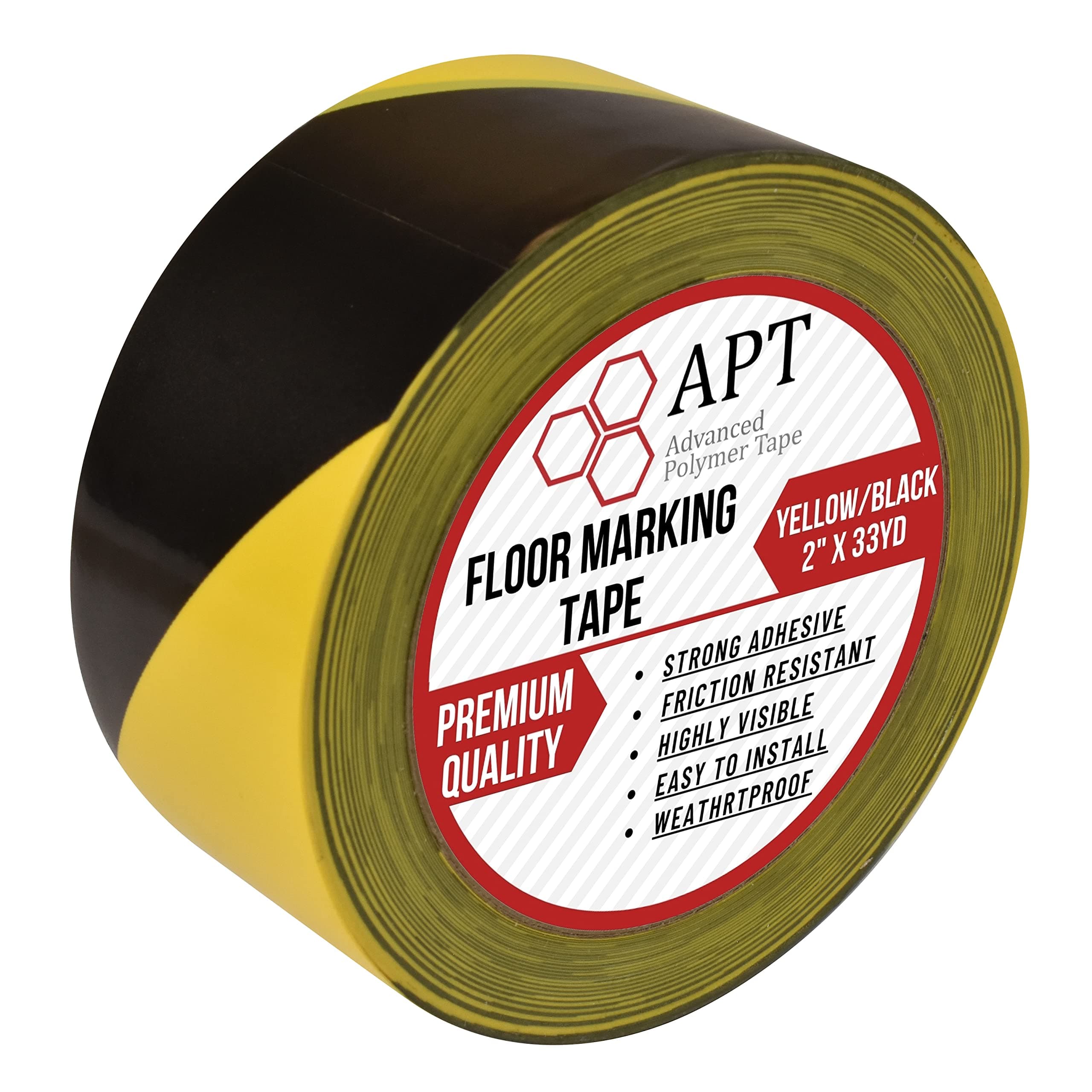 APT Premium Black and Yellow Striped Vinyl Floor Safety Marking Tape, Excellent for Hazard Caution& Warning, Social Distancing, Warehouse & Gym Floor (2 Inch, Yellow/Black)