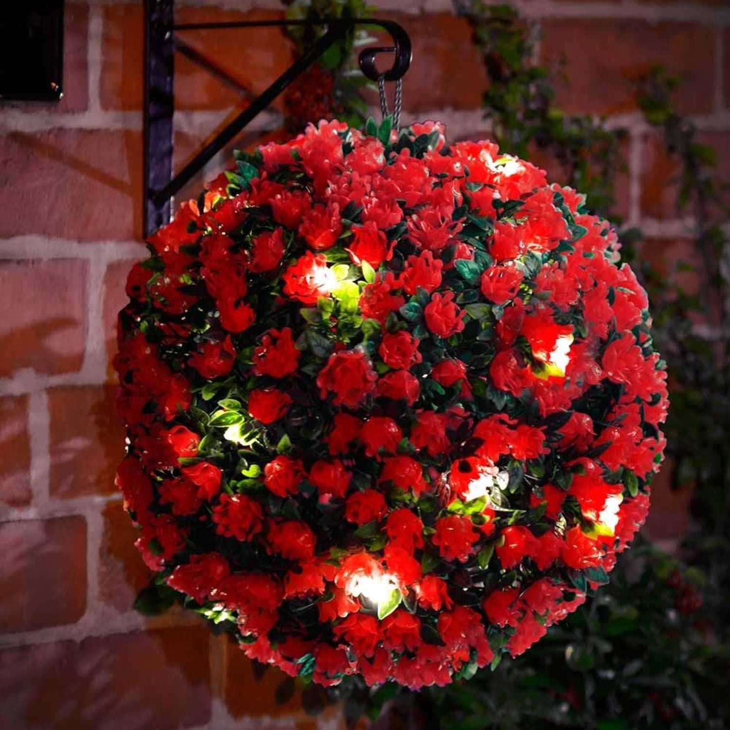 Pair of Solar Topiary Ball - 28 cm - Red Rose - Dual Function LED Lights