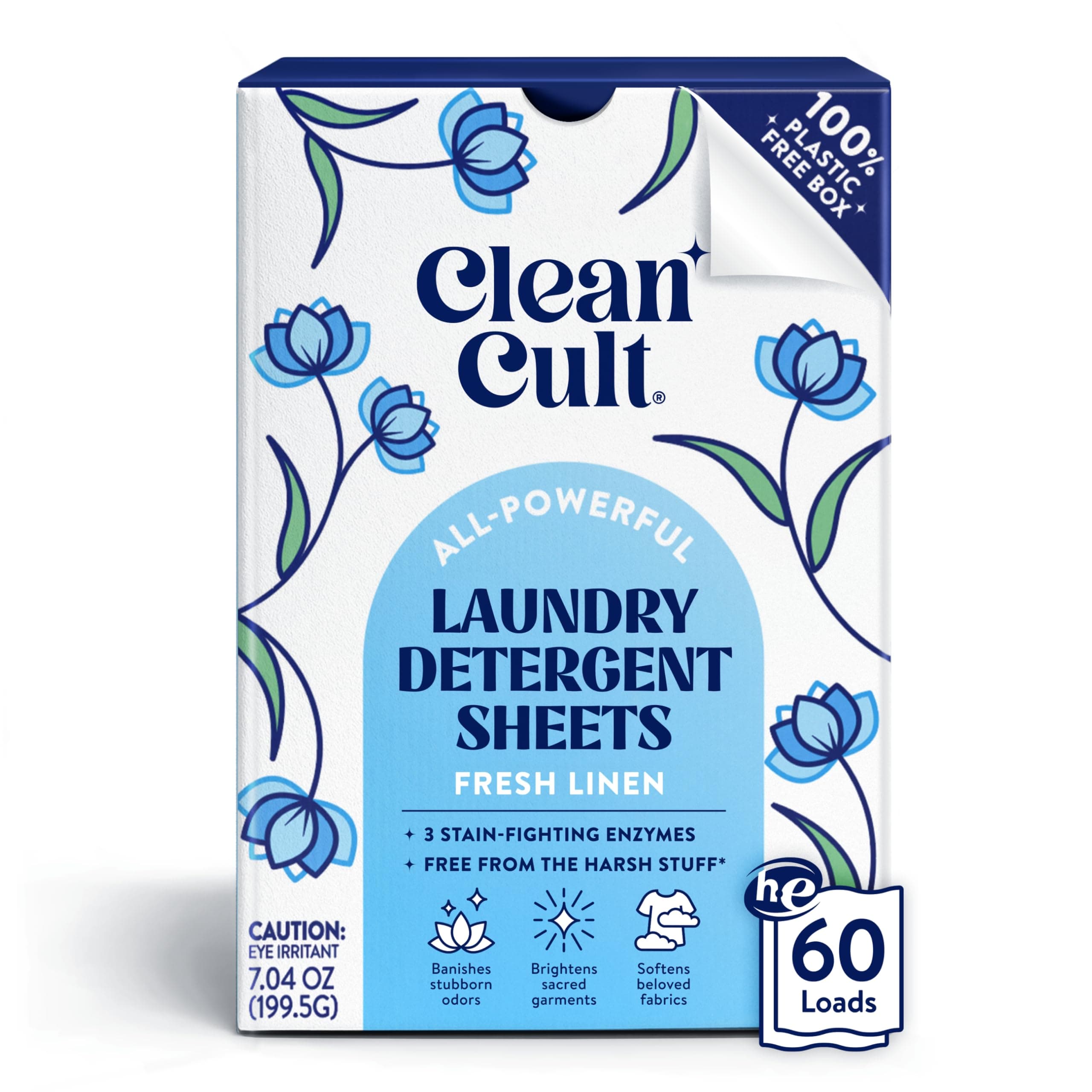 Cleancult Laundry Detergent Sheets - 3 Stain Fighting Enzymes - Concentrated Liquidless Laundry Detergent Sheets - Fresh Linen Scent - 60 Loads - Free of Harsh Chemicals - No Mess - No Plastic Waste