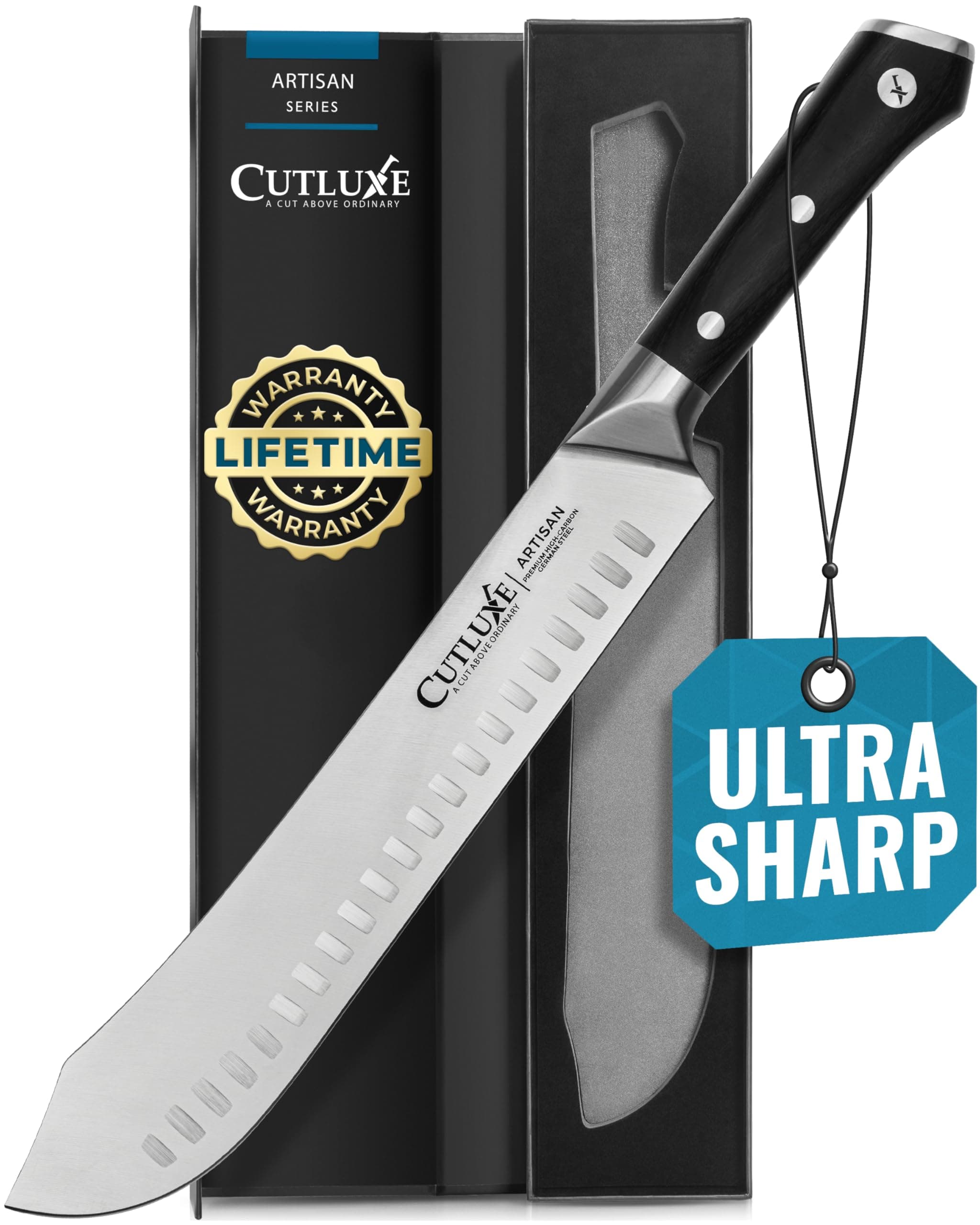 Cutluxe Butcher Knife - 10" Bullnose Carving Knife, Forged High Carbon German Steel - Full Tang & Razor Sharp - Ergonomic Handle Design, Grilling Gift for Men - Artisan Series