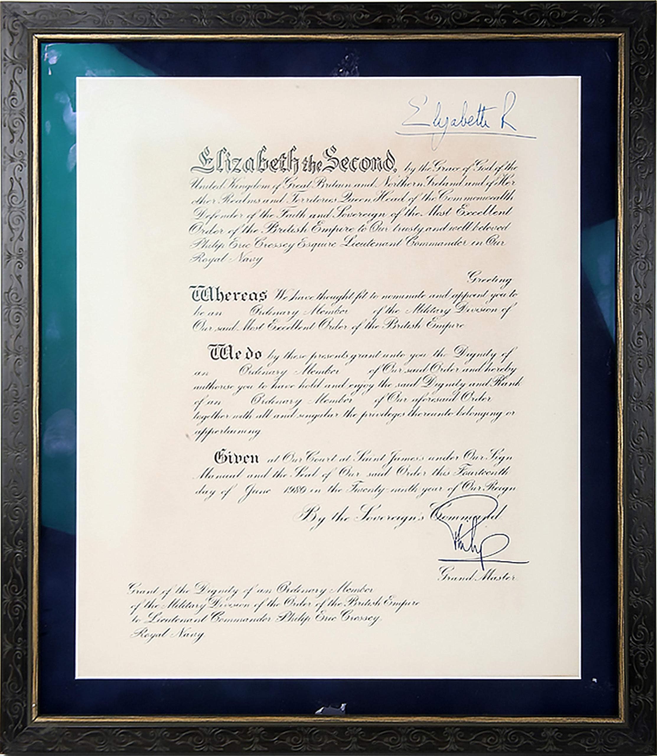 Prince Philip & Queen Elizabeth II autograph, document signed & framed