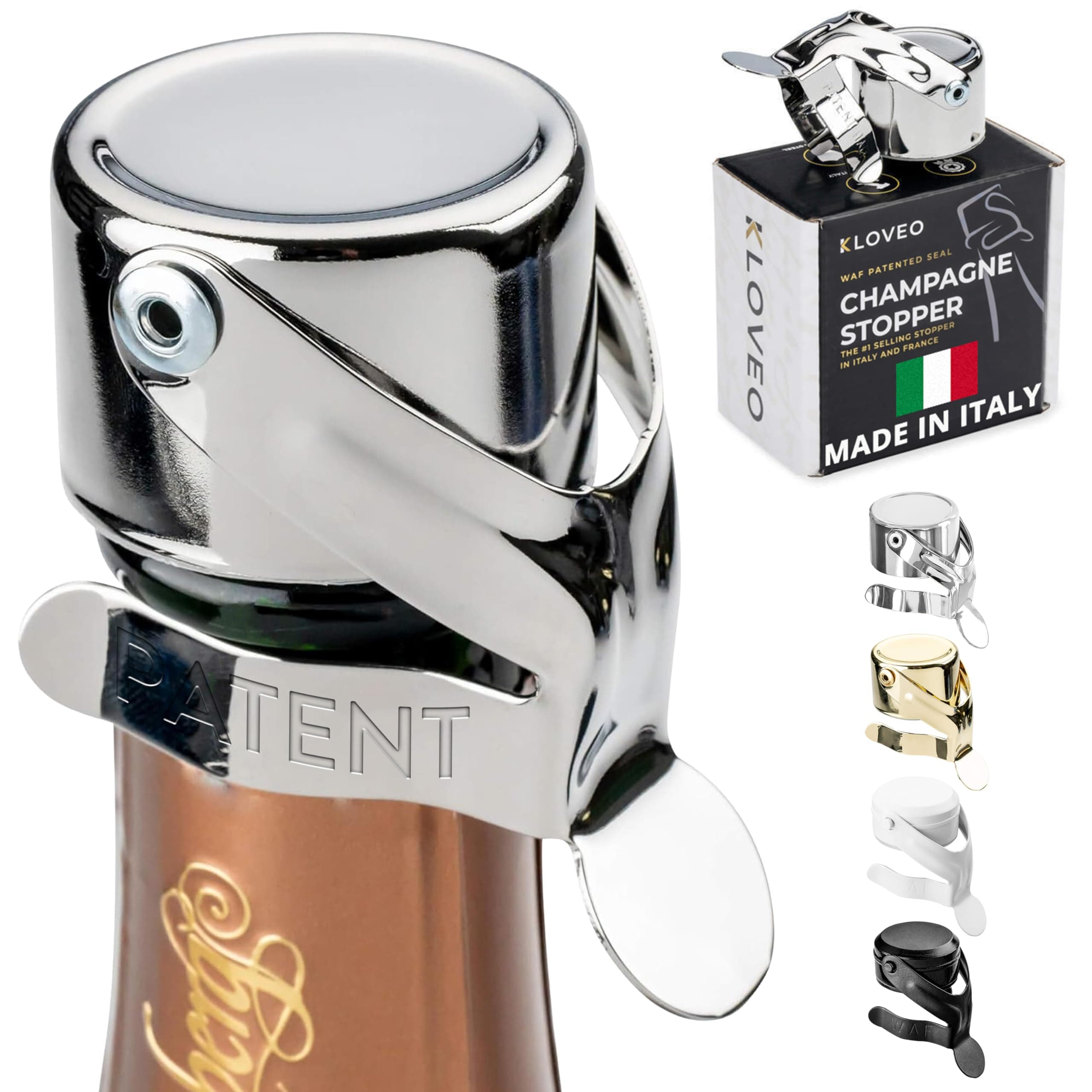 Champagne Stoppers - Patented Seal (No Pressure Pump Needed) Made in Italy - Professional Grade WAF Champagne Bottle Stopper - Prosecco, Cava, and Sparkling Wine Stopper