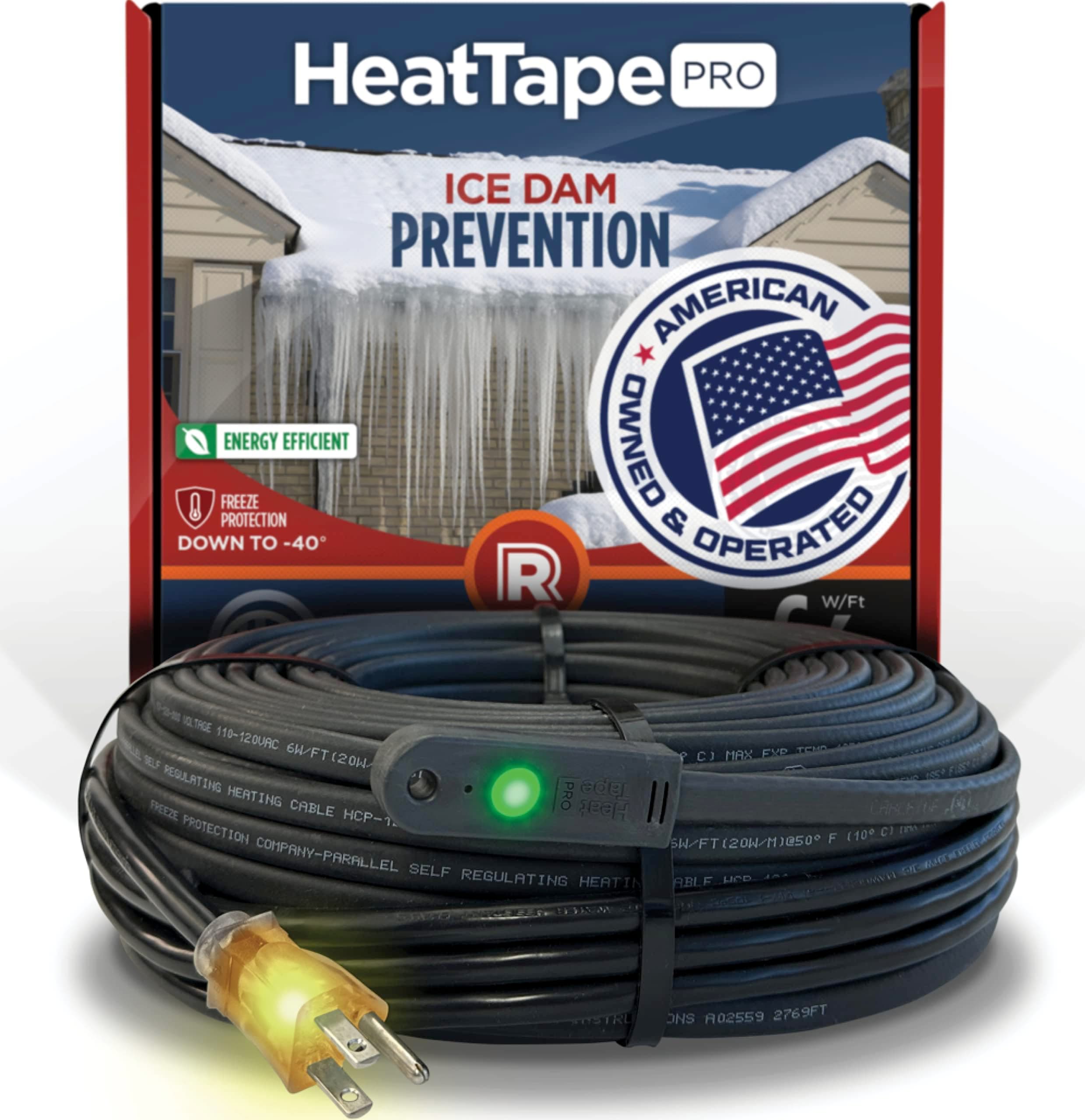 RADIANT SOLUTIONS HeatTapePro - Intelligent Commercial Grade Self-Regulating Heat Cable with GlowCap™ - 10 YR warranty - Ice Dam & Pipe Freeze Protection - 18 ft cable + 10 Ft Cord, 120V, 6 watts/Ft