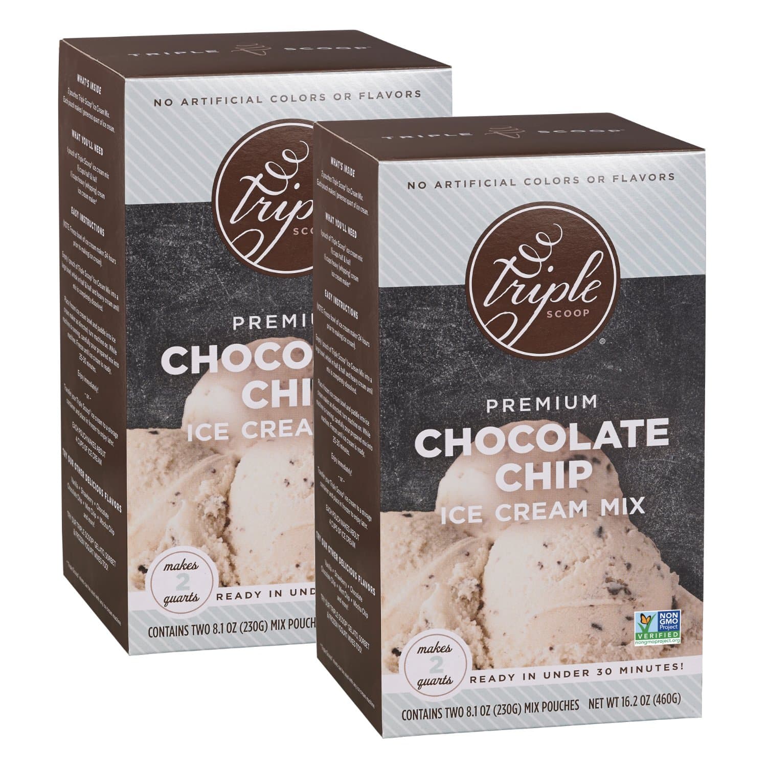 Triple Scoop Ice Cream Mix, Premium Vanilla Chocolate Chip, starter for use with home ice cream maker, non-gmo, no artificial colors or flavors, ready in under 30 mins, makes 4 qts (2 15oz box)