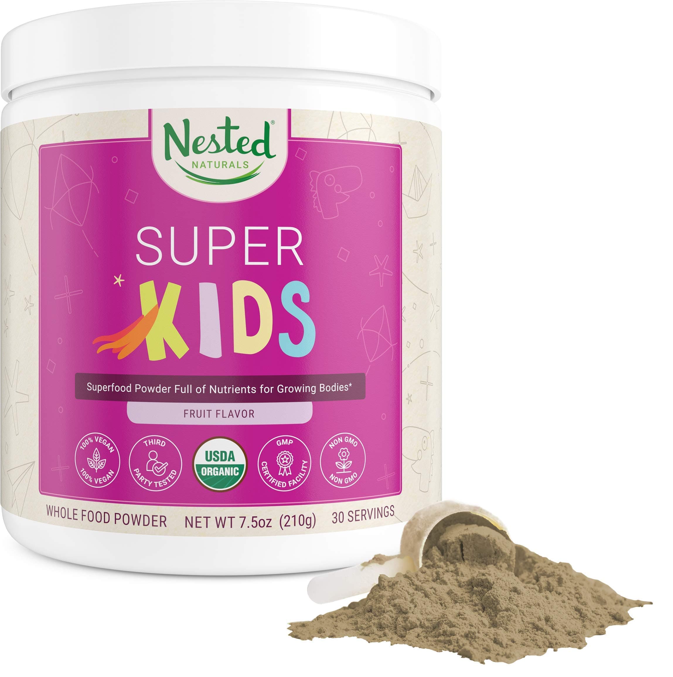 Nested Naturals Super Kids | 100% USDA Organic Vegan Superfood Powder for Kids | 30 Servings of Greens, Veggies, Fruits, Seeds | Natural Fruit Flavor 0g Sugar | Non-GMO Plant-Based Nutrition