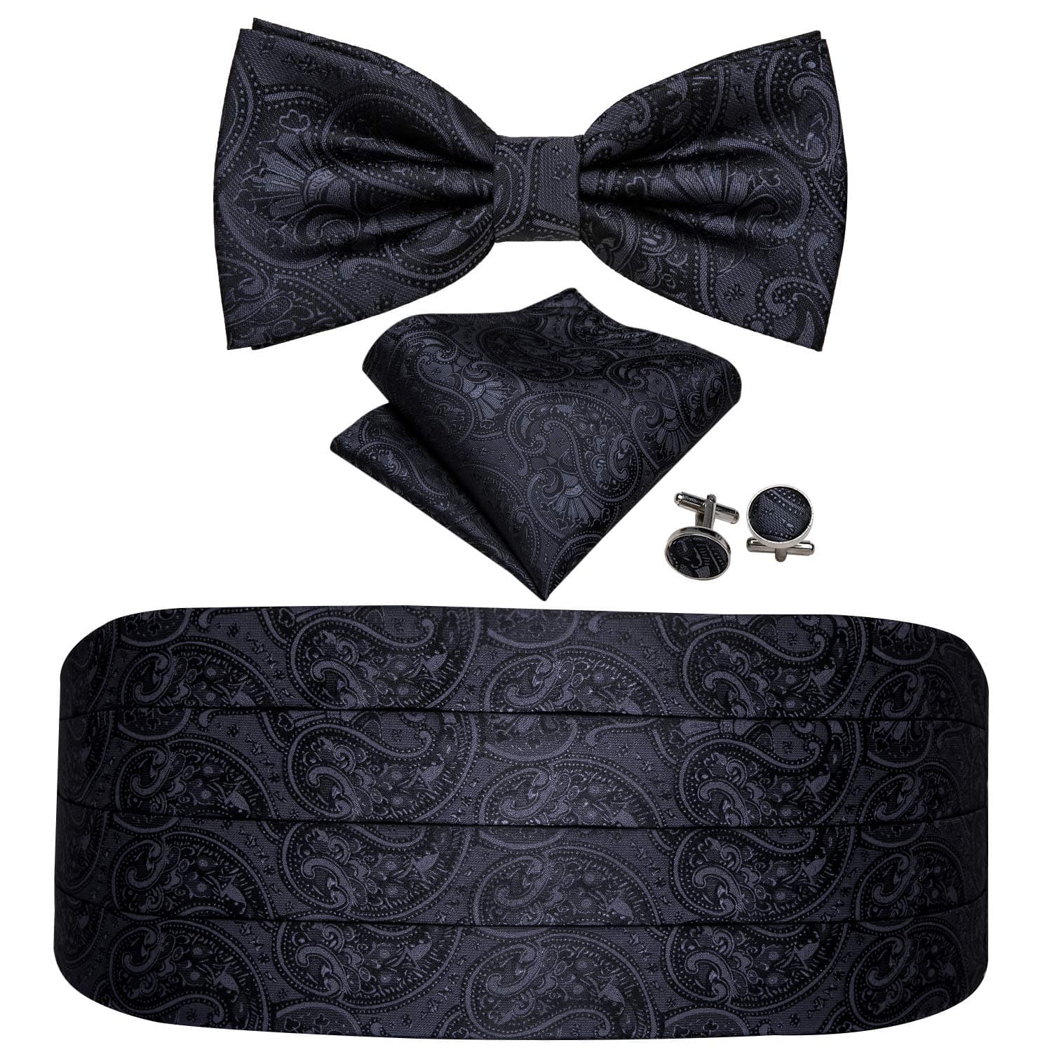 YOHOWACummerbund Bow Tie Set for Men, Silk Cummerbund Pretied Bow Tie Pocket Square Cufflinks