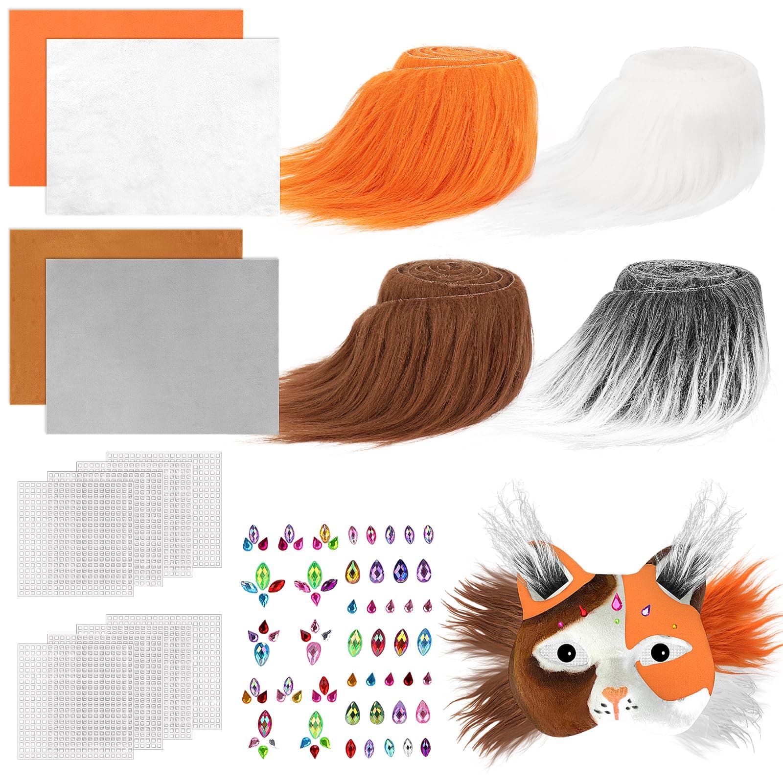 Dreamtop Therian Mask DIY Kit - Faux Fur Fabric Self Adhesive Felt Sheet with Furs Eye Meshes Gem Sticker